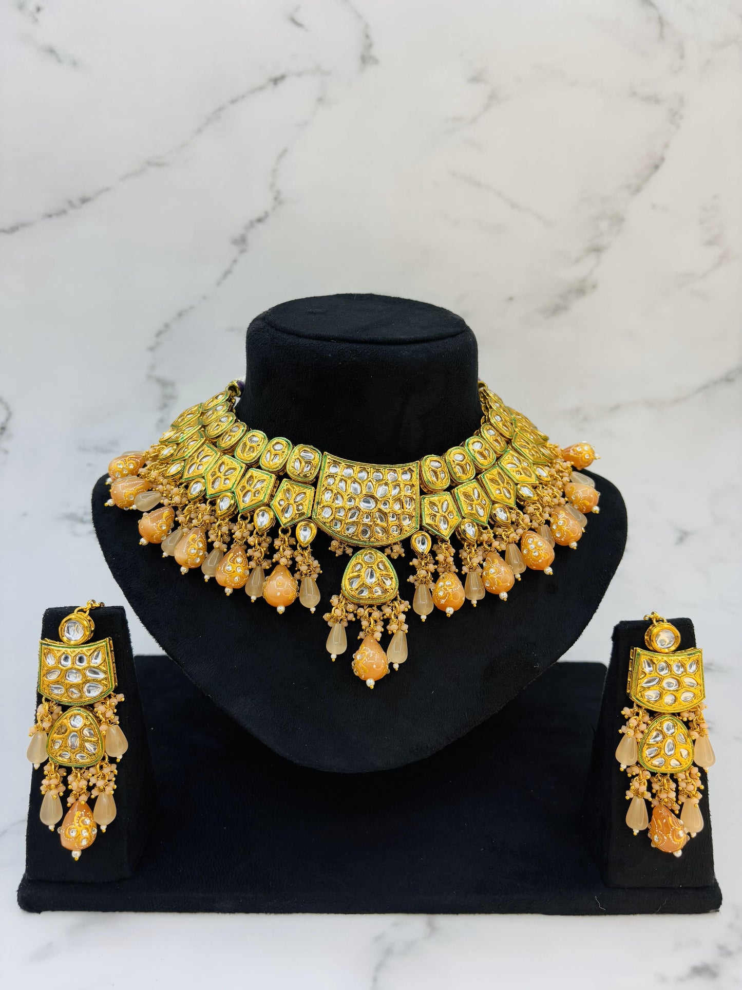 Majestic Kundan Choker Set with Golden Beads & Drop Pearls