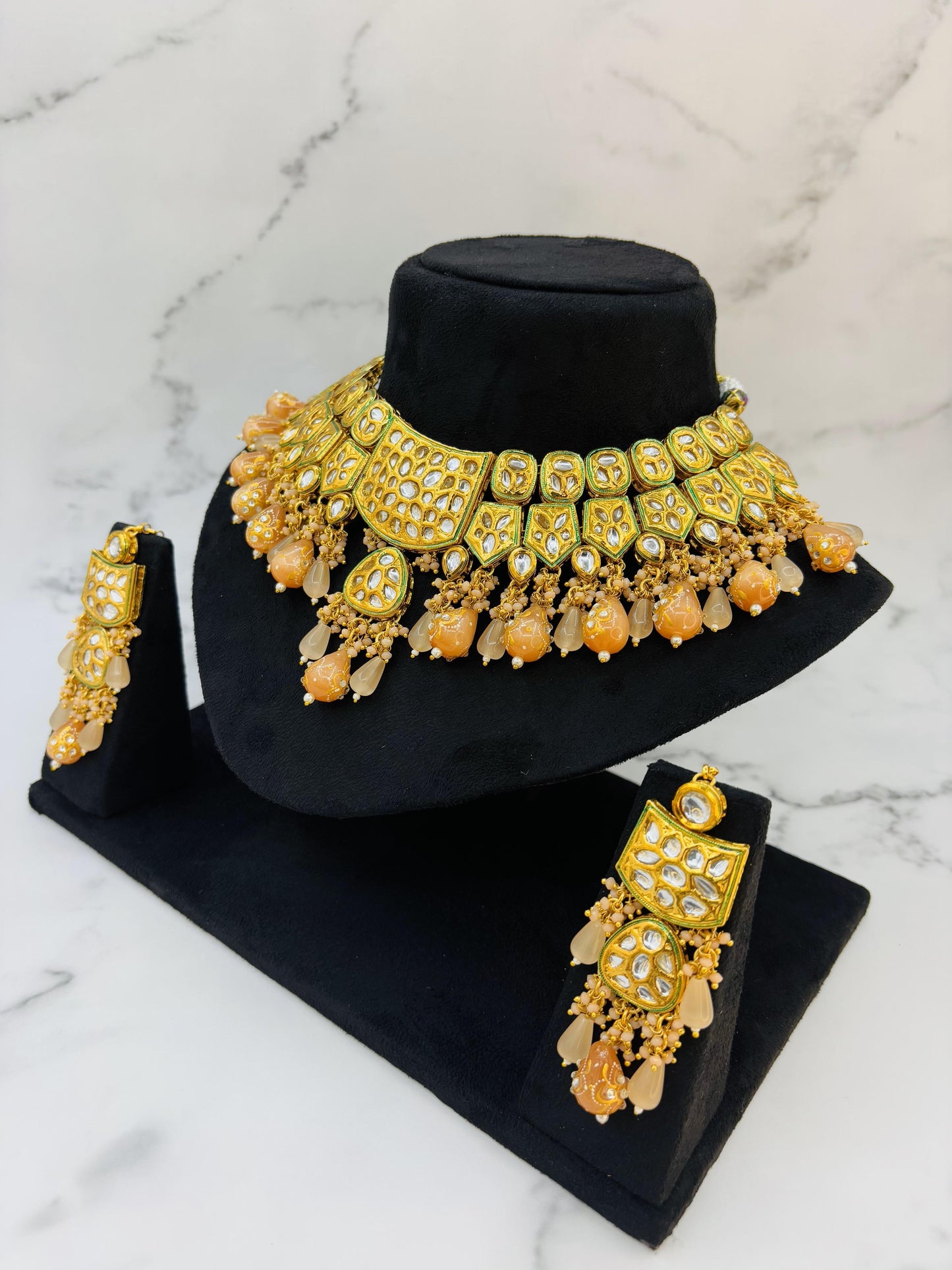 Majestic Kundan Choker Set with Golden Beads & Drop Pearls