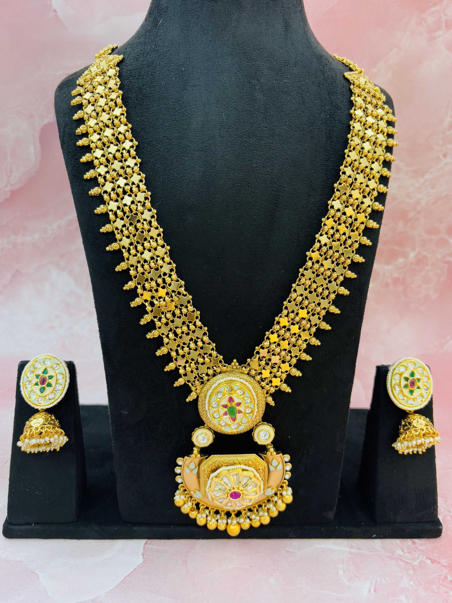 Heritage Temple Necklace Set with Kundan & Jhumkis