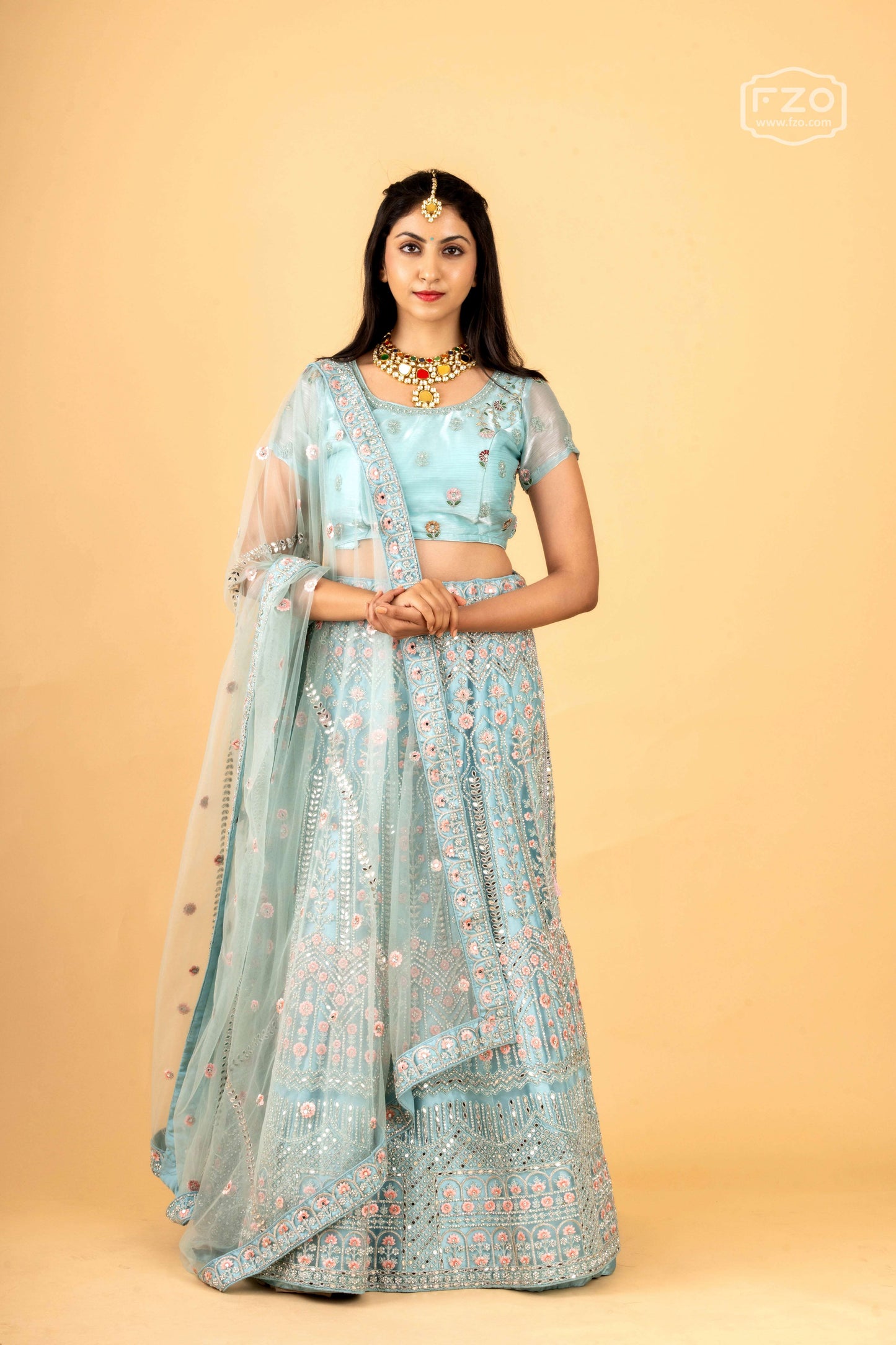 Pastel Blue Mirror & Sequin Embellished Net Lehenga Set