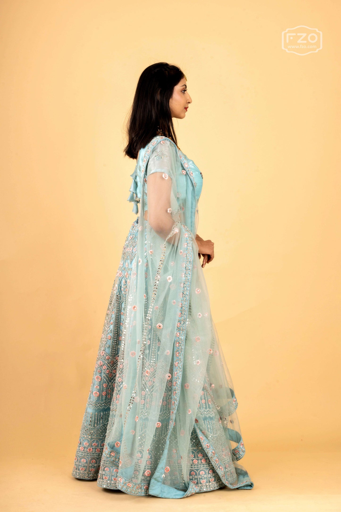 Pastel Blue Mirror & Sequin Embellished Net Lehenga Set