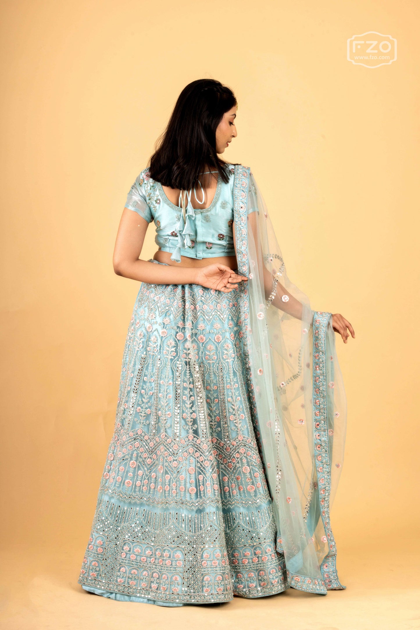 Pastel Blue Mirror & Sequin Embellished Net Lehenga Set