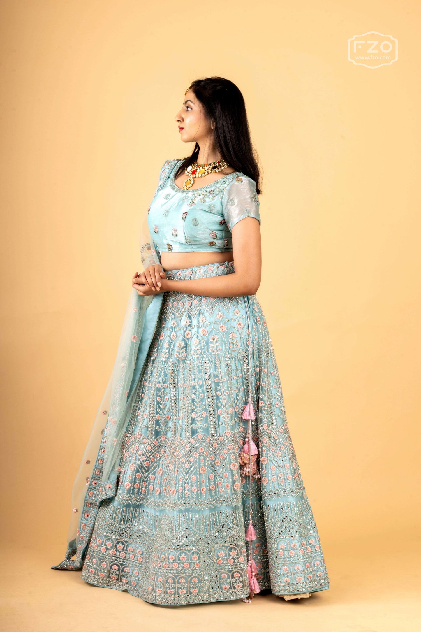 Pastel Blue Mirror & Sequin Embellished Net Lehenga Set