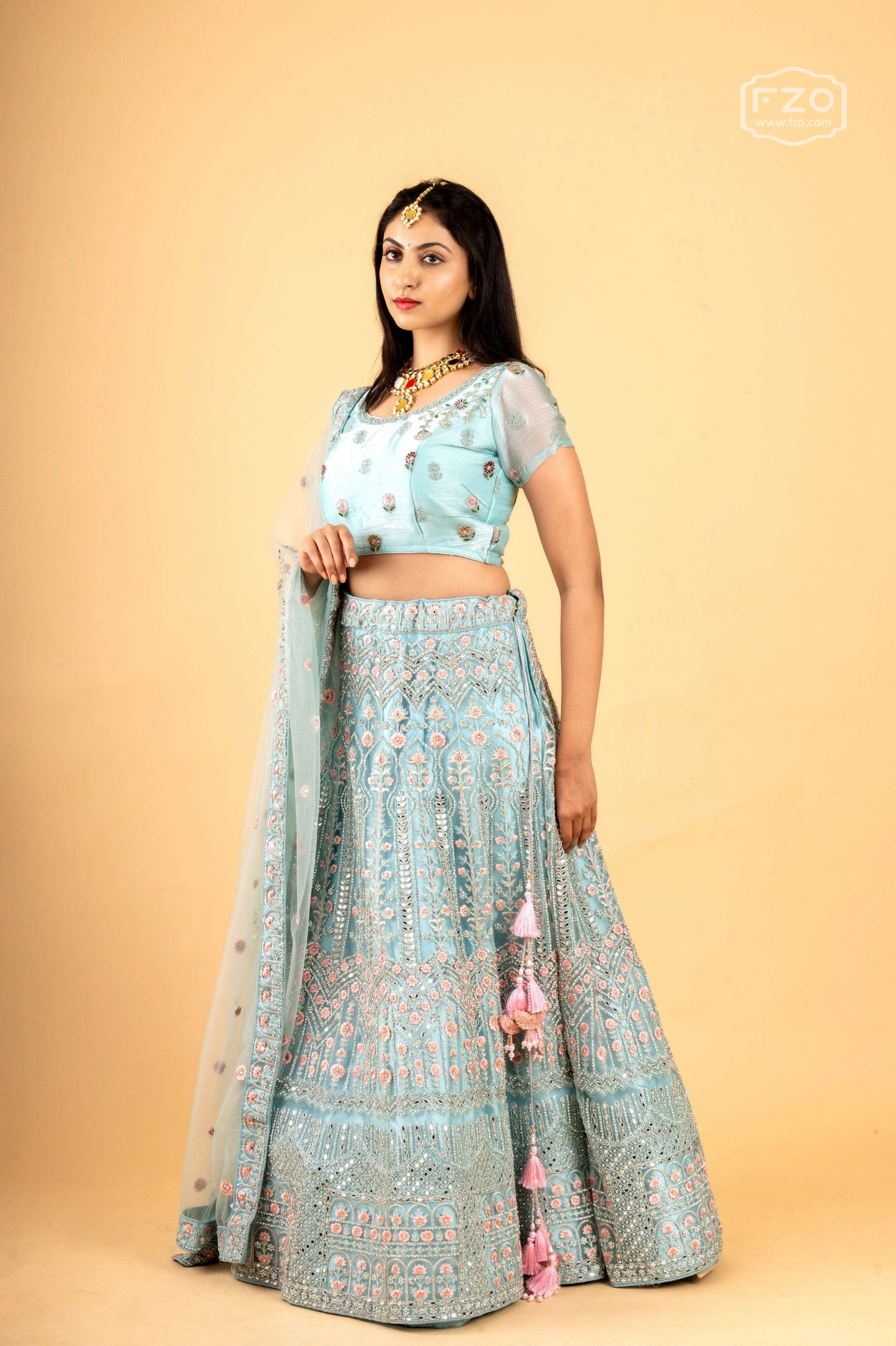 Pastel Blue Mirror & Sequin Embellished Net Lehenga Set