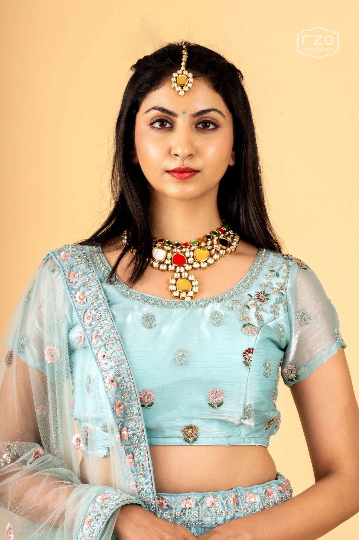 Pastel Blue Mirror & Sequin Embellished Net Lehenga Set