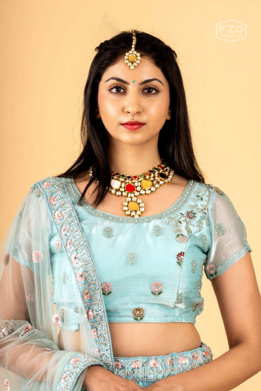 Pastel Blue Mirror & Sequin Embellished Net Lehenga Set