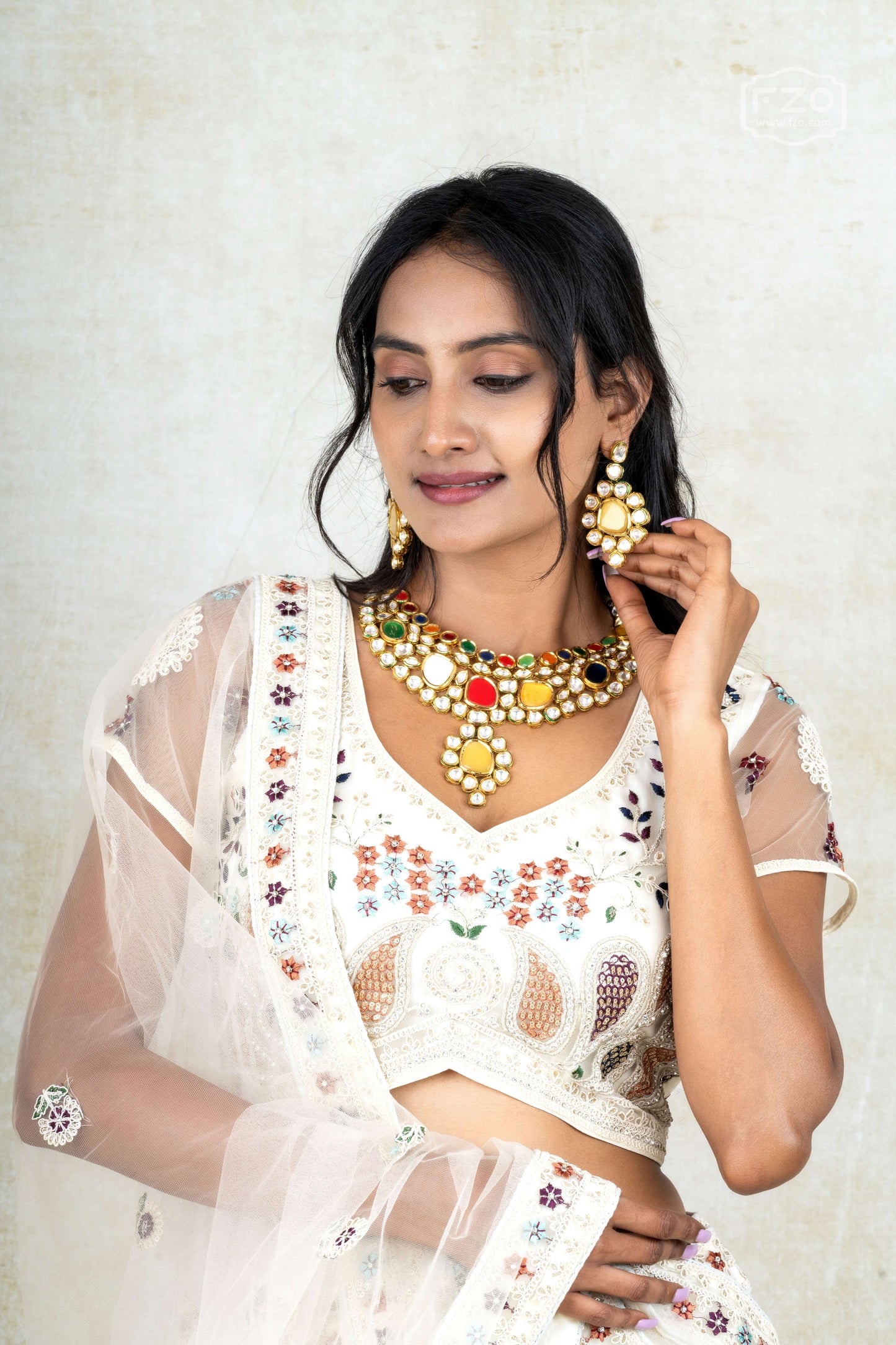 Aqua Elegance – White Multicolour Threadwork Lehenga