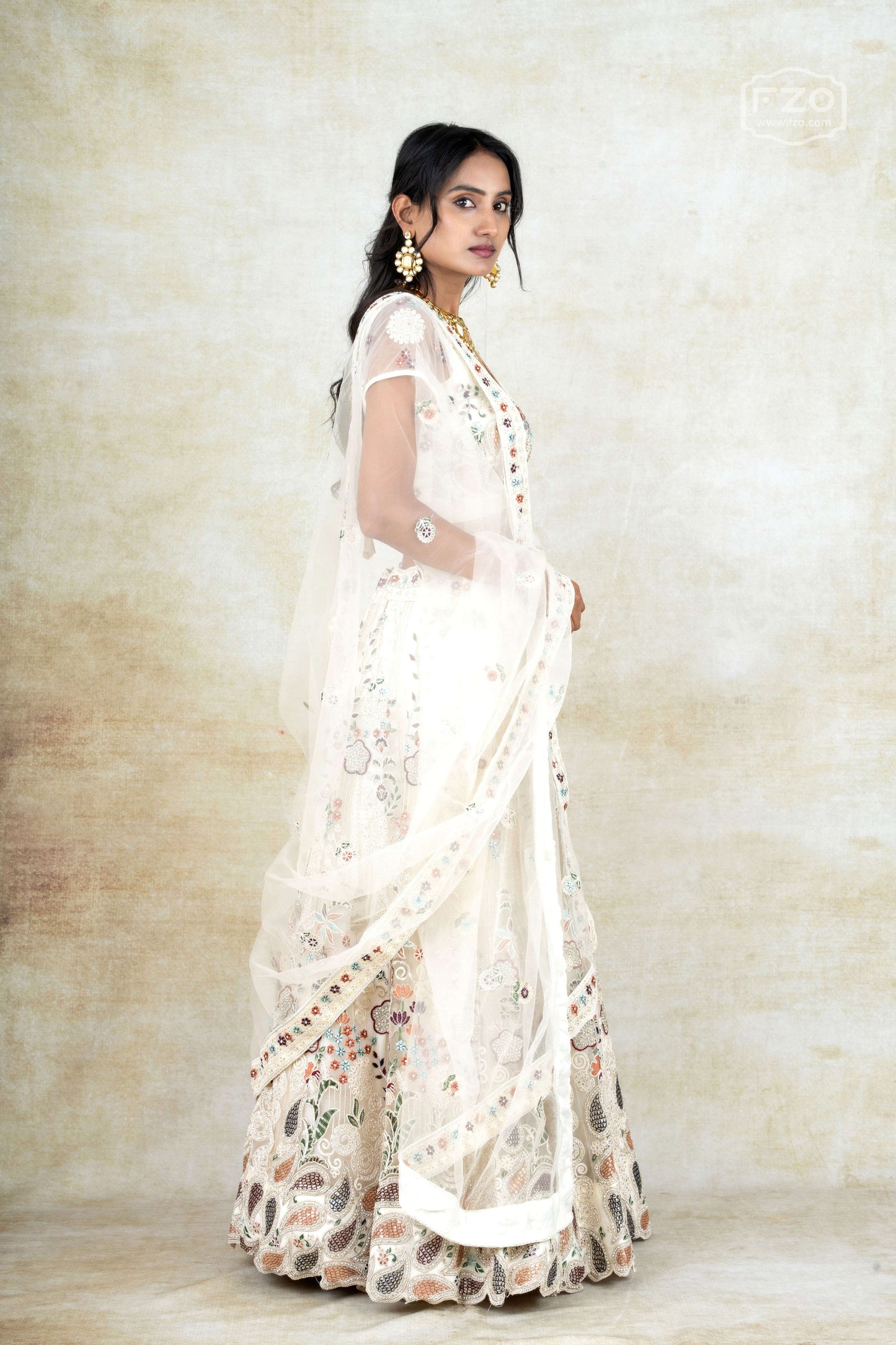 Aqua Elegance – White Multicolour Threadwork Lehenga