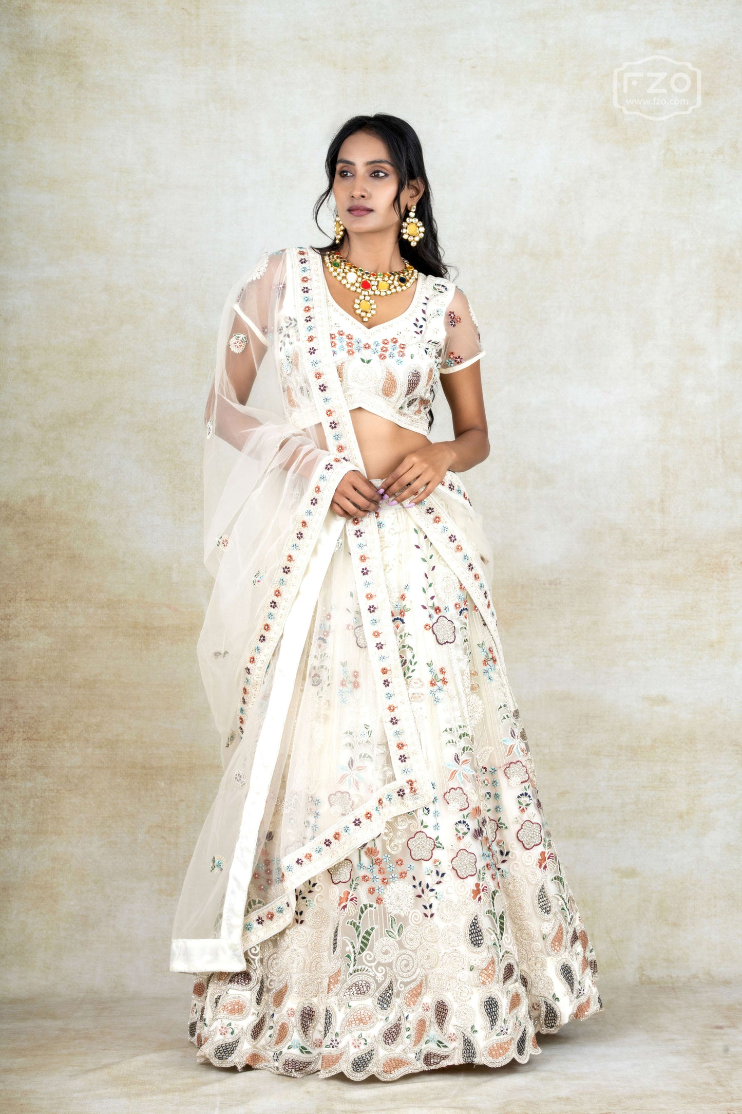 Aqua Elegance – White Multicolour Threadwork Lehenga