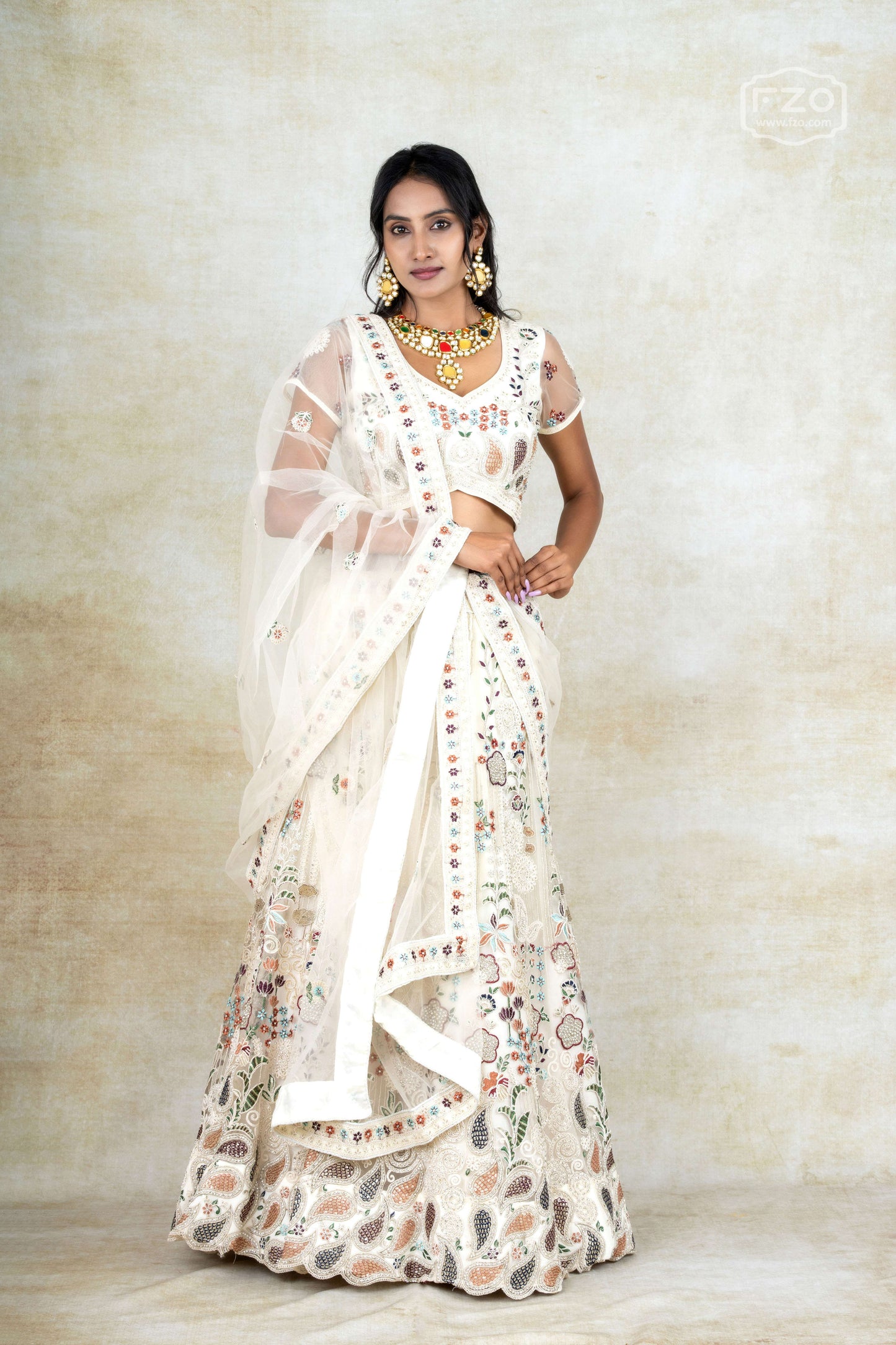 Aqua Elegance – White Multicolour Threadwork Lehenga
