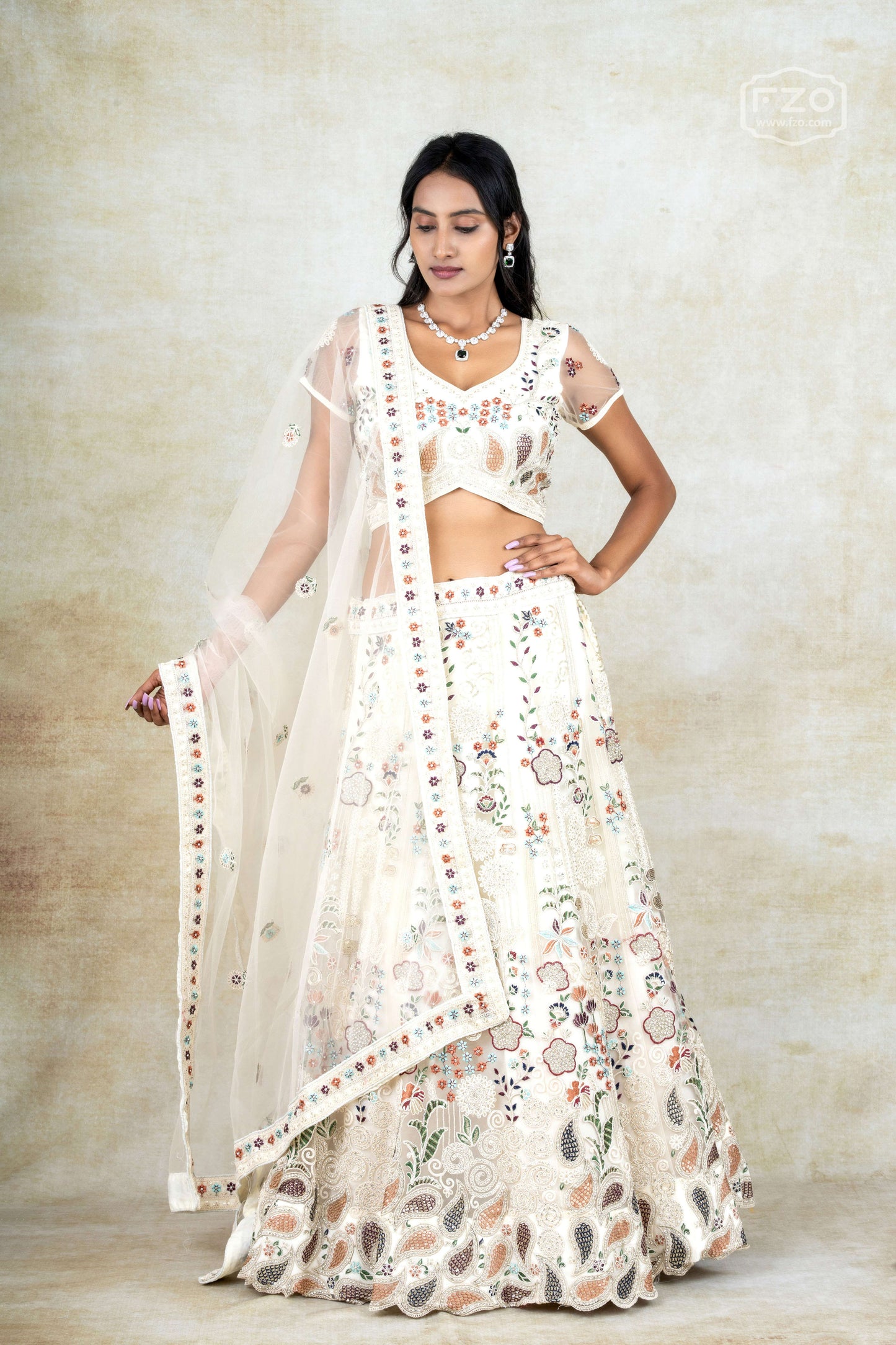 Aqua Elegance – White Multicolour Threadwork Lehenga