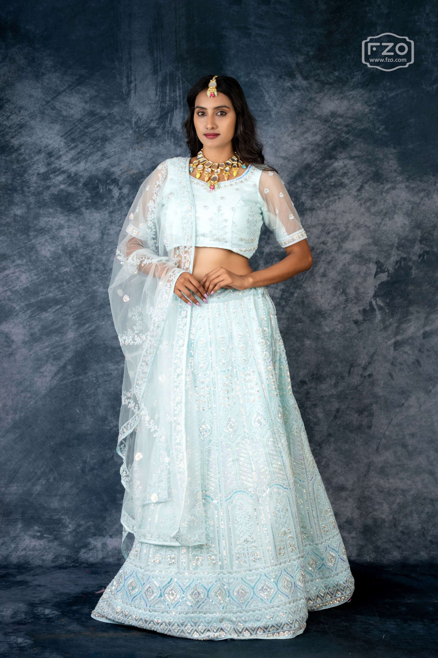 Mint Glow – Pastel Embroidered Lehenga Set
