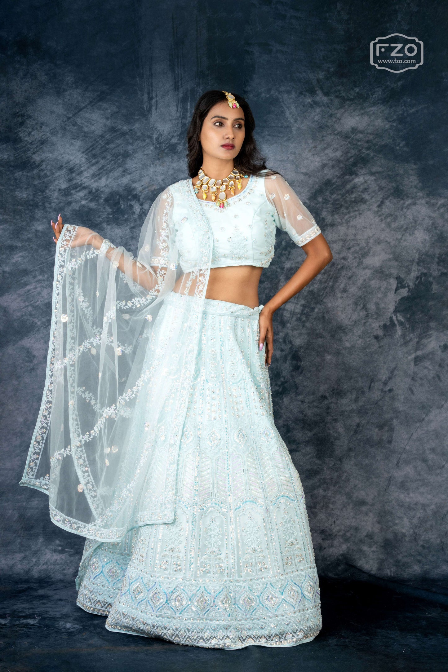 Mint Glow – Pastel Embroidered Lehenga Set