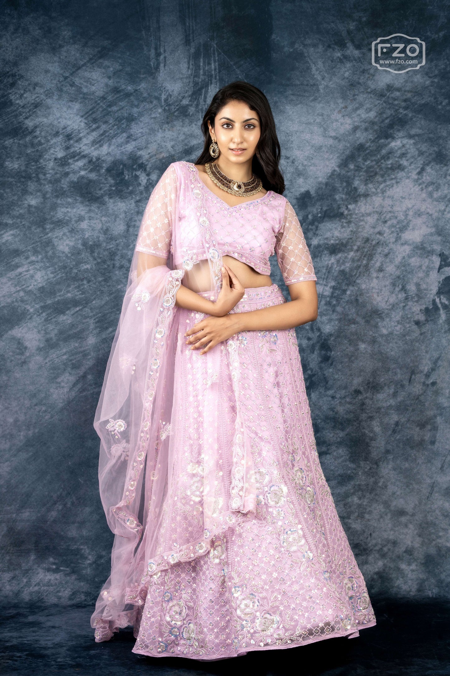 Lilac Blossom – Sequin Embroidered Net Lehenga in Pastel Pink