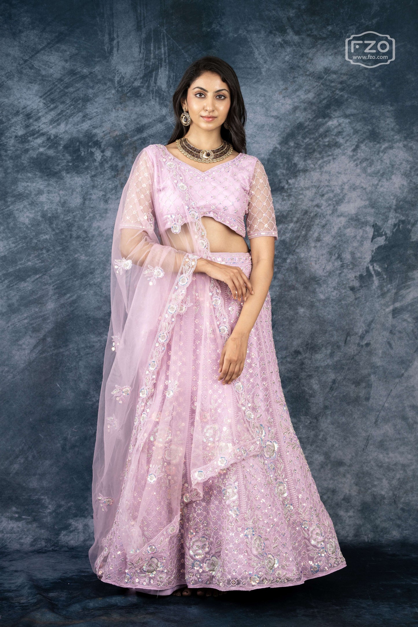 Lilac Blossom – Sequin Embroidered Net Lehenga in Pastel Pink