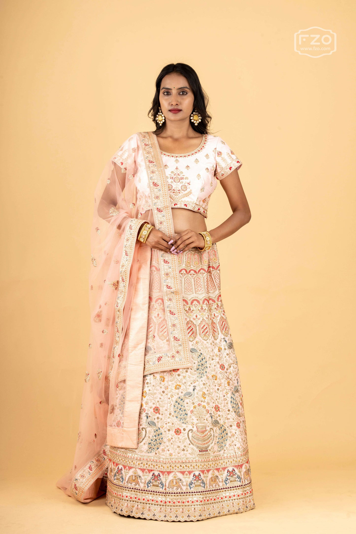 Blush Royale – Peach Zardosi Bridal Lehenga with Floral Embroidery