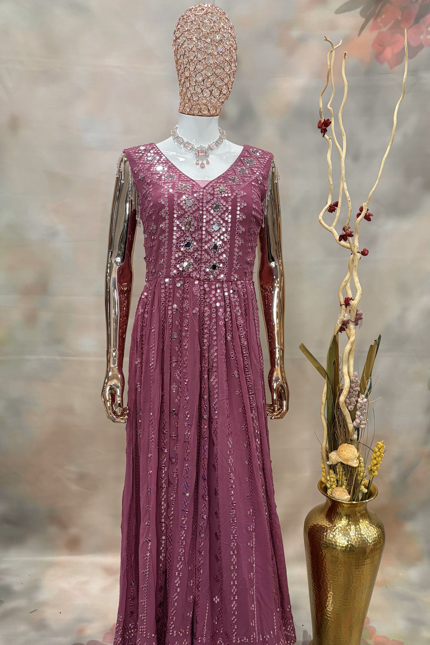 Mauve Mirror Work Gown with Sleeveless Design