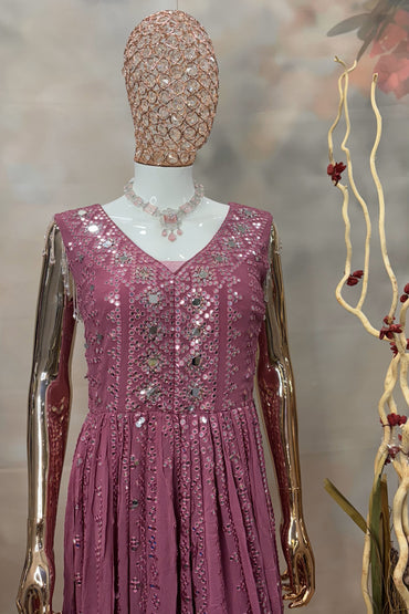Mauve Mirror Work Gown with Sleeveless Design