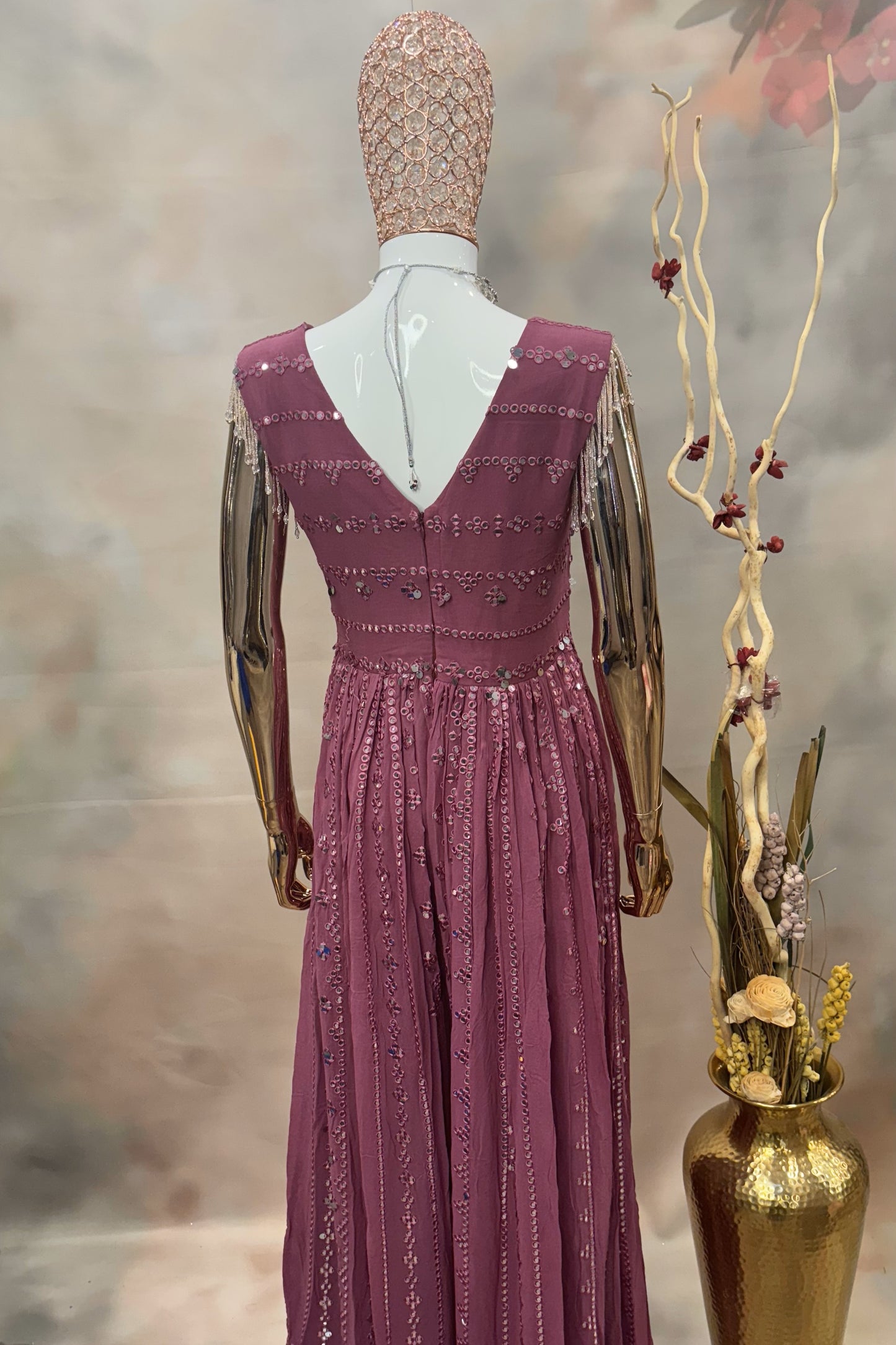 Mauve Mirror Work Gown with Sleeveless Design