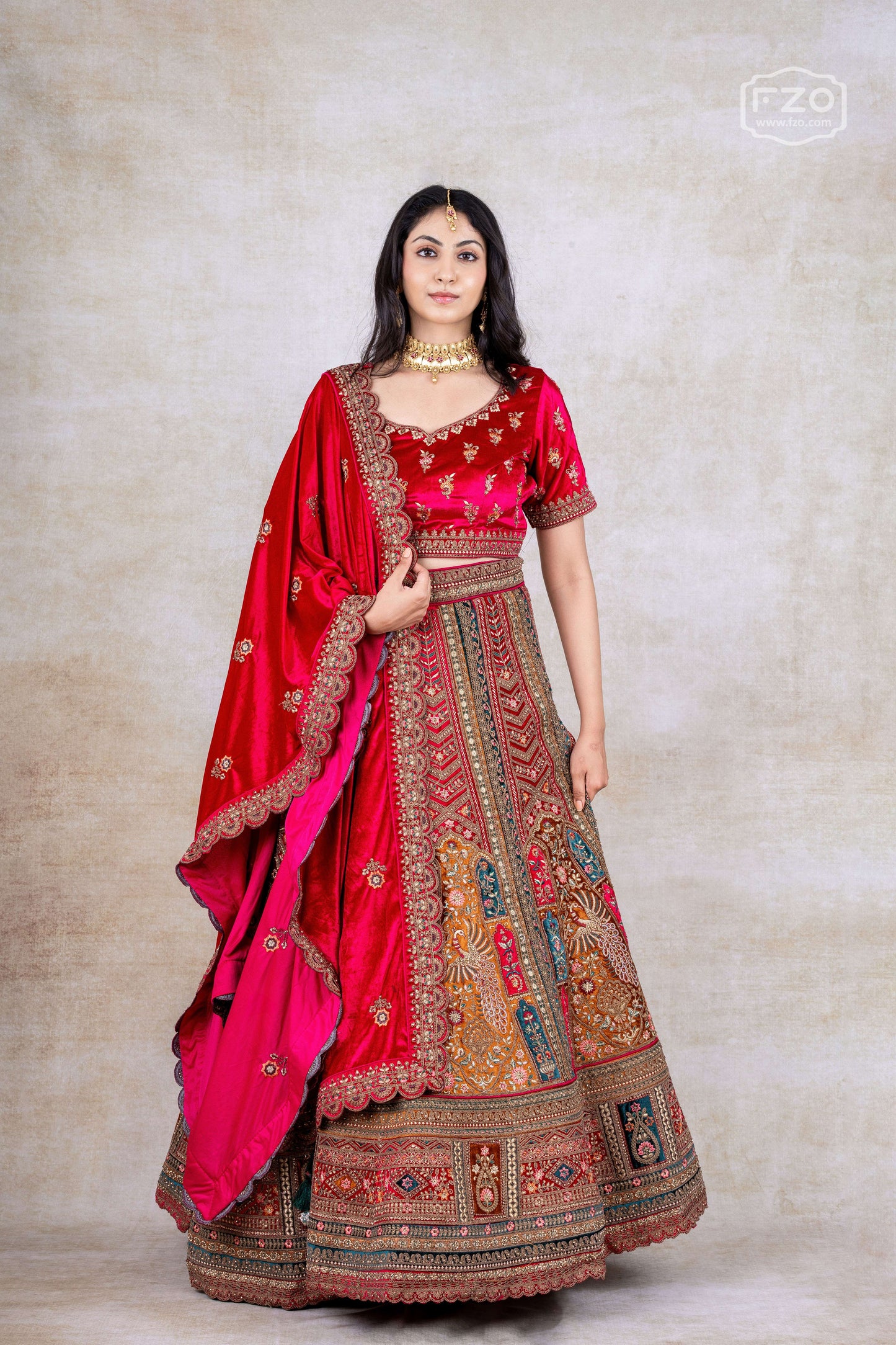 Red Velvet Multi-Panel Bridal Lehenga – Traditional Wedding Couture