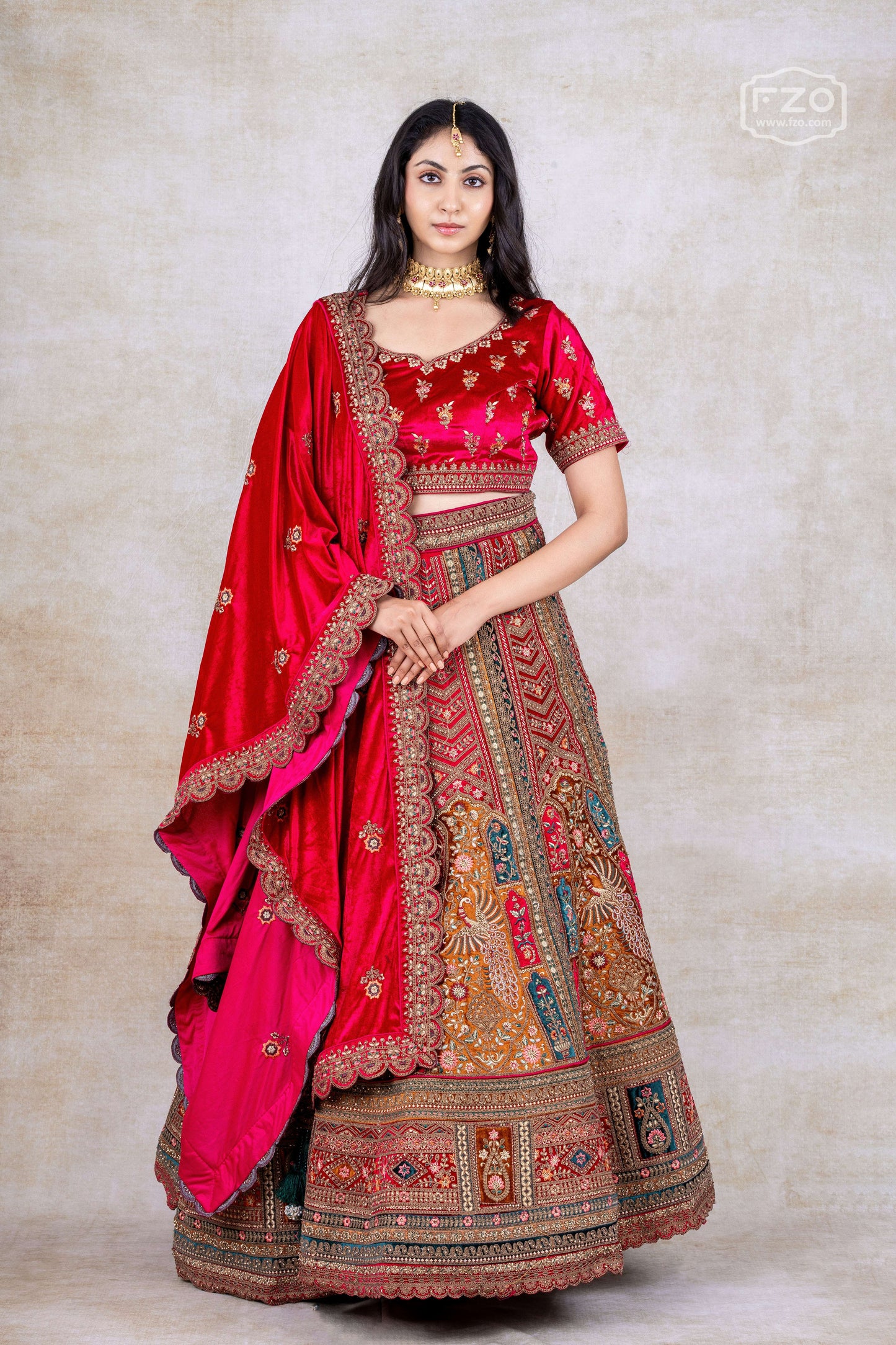 Red Velvet Multi-Panel Bridal Lehenga – Traditional Wedding Couture