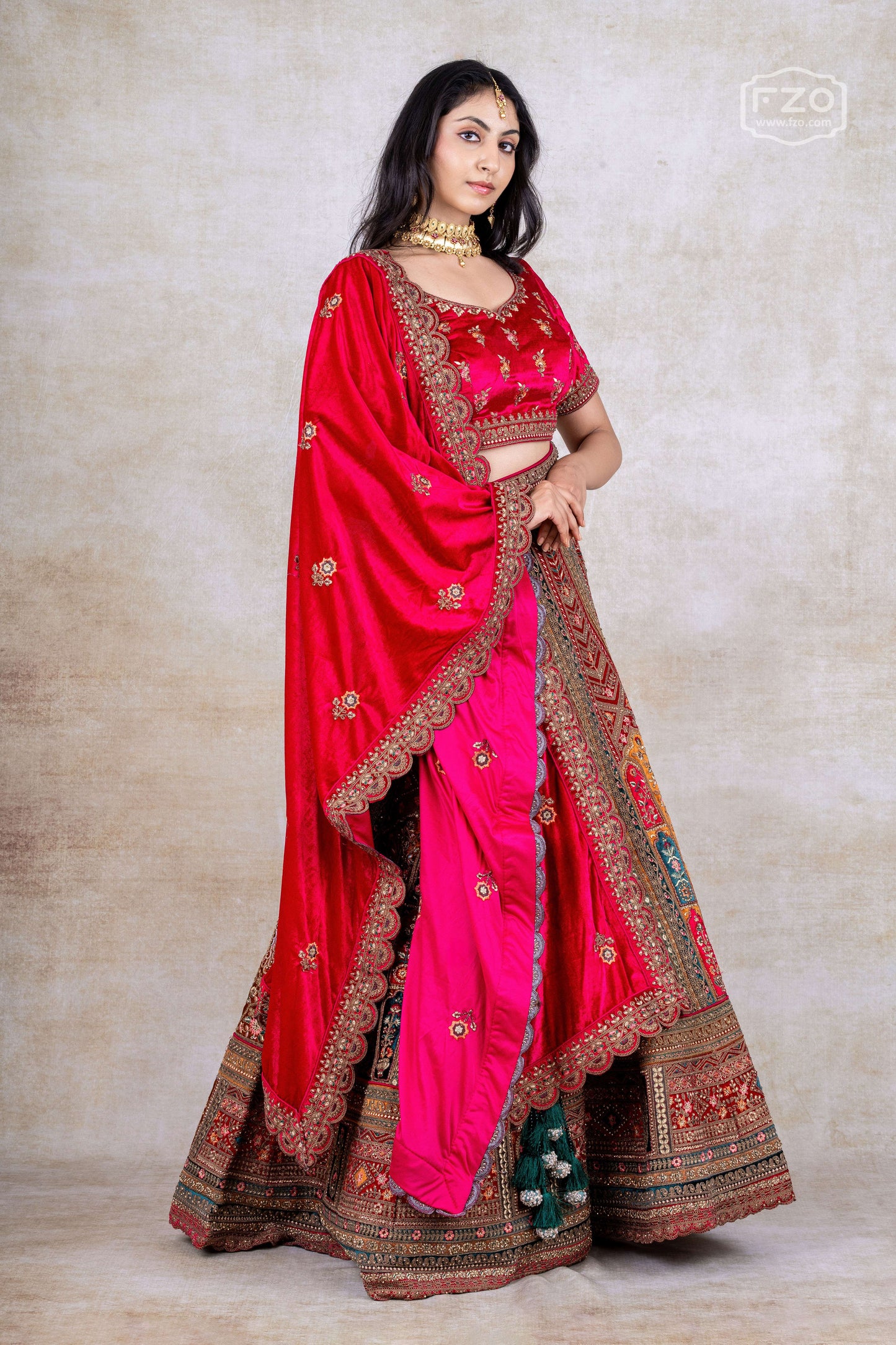 Red Velvet Multi-Panel Bridal Lehenga – Traditional Wedding Couture