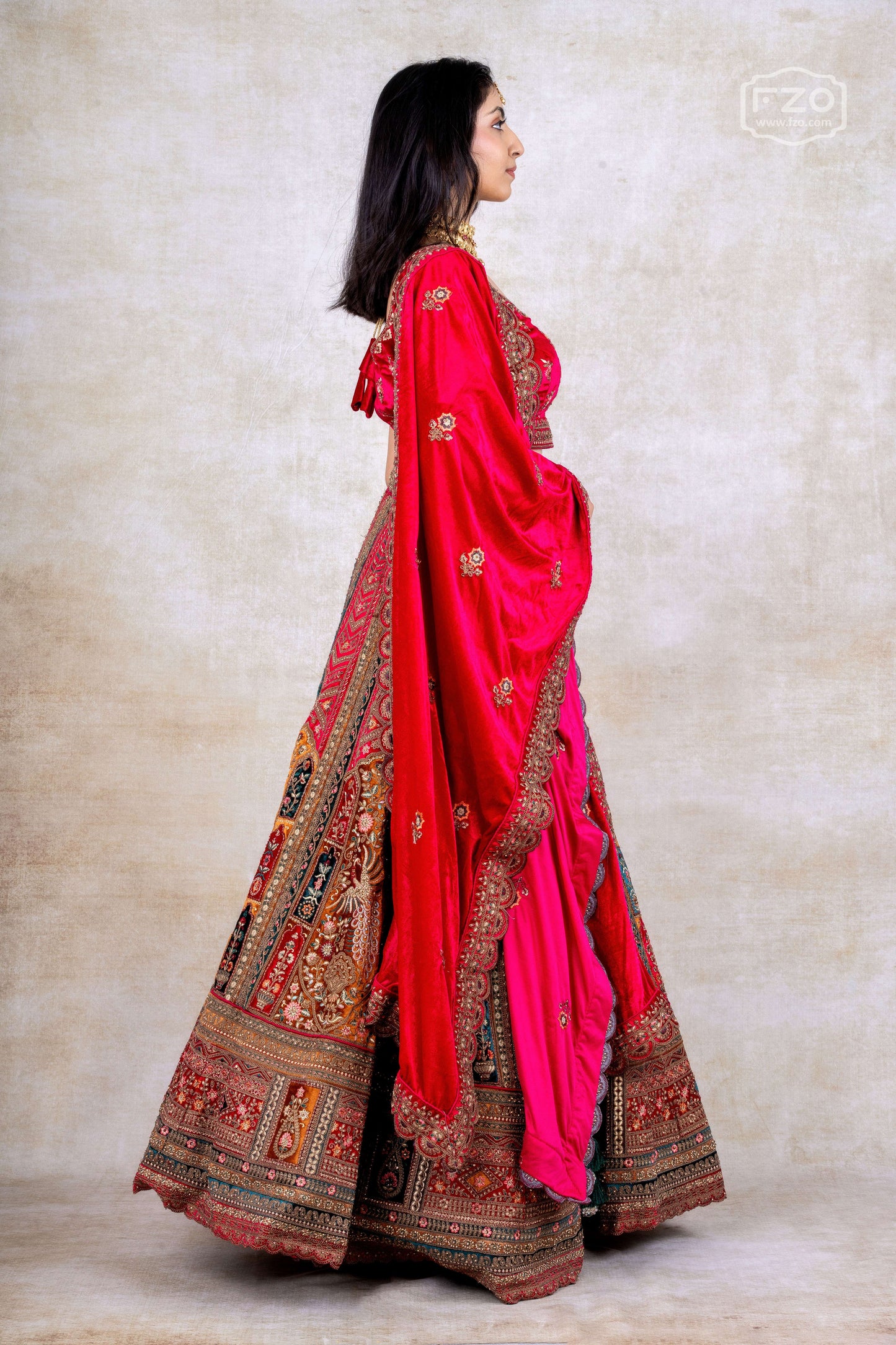 Red Velvet Multi-Panel Bridal Lehenga – Traditional Wedding Couture