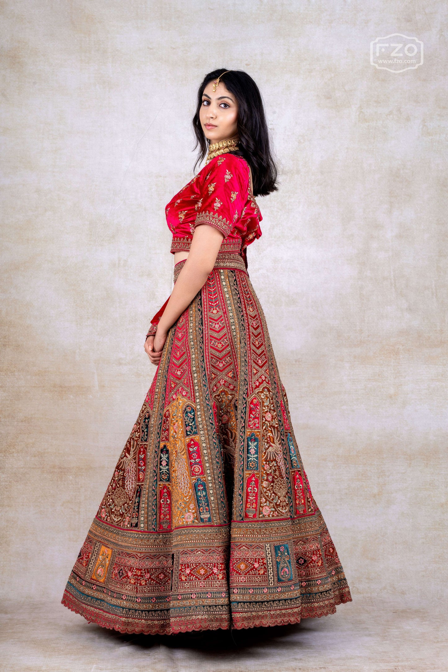 Red Velvet Multi-Panel Bridal Lehenga – Traditional Wedding Couture