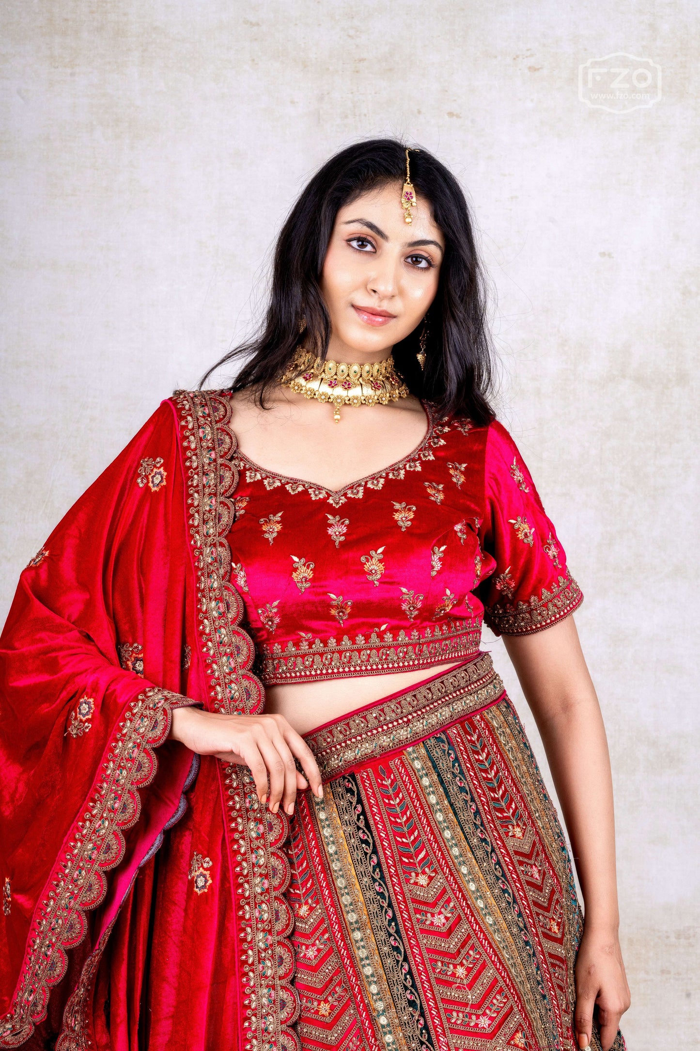 Red Velvet Multi-Panel Bridal Lehenga – Traditional Wedding Couture