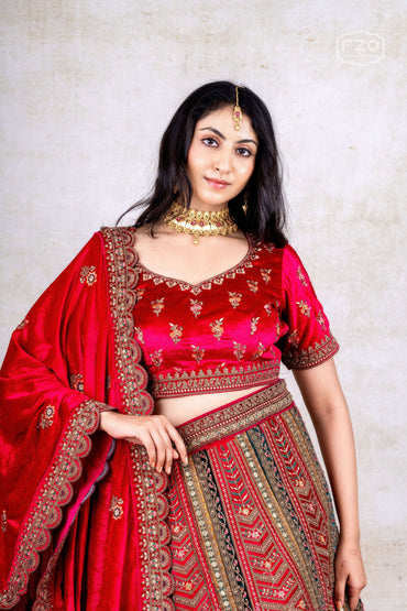 Red Velvet Multi-Panel Bridal Lehenga – Traditional Wedding Couture