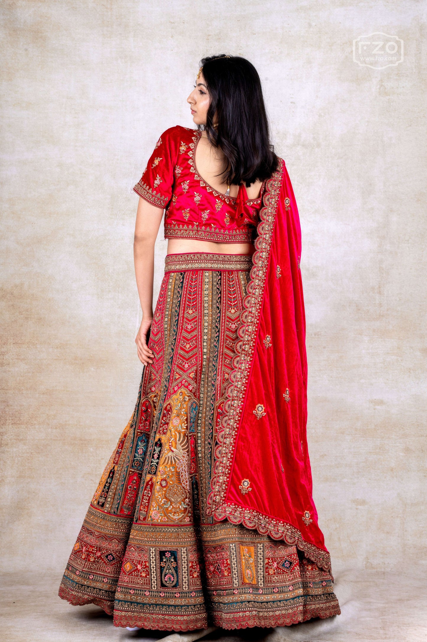 Red Velvet Multi-Panel Bridal Lehenga – Traditional Wedding Couture