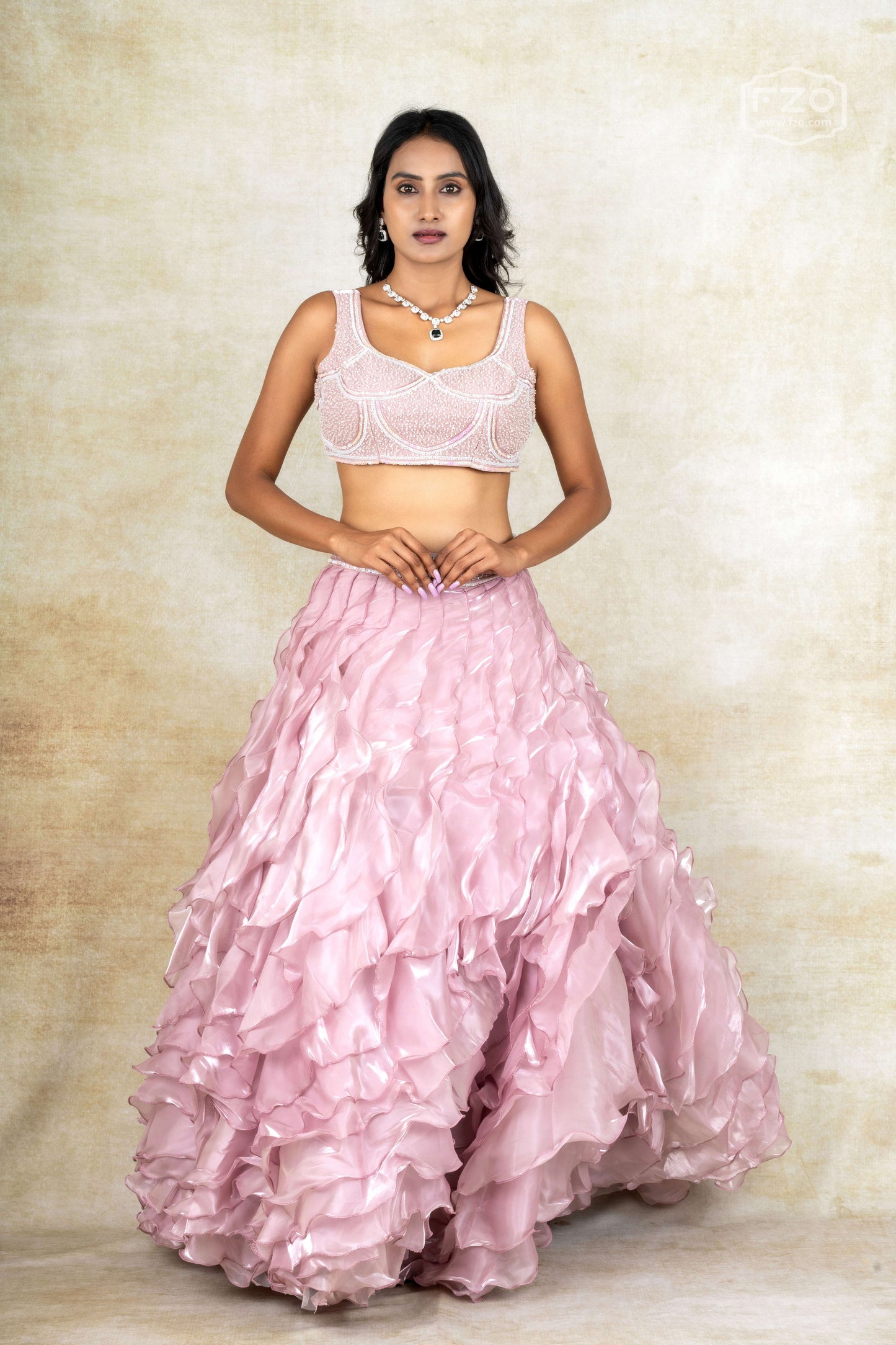 Blush Ruffle – Pastel Pink Jacket Style Lehenga – Modern Designer Outfit for Parties & Weddings