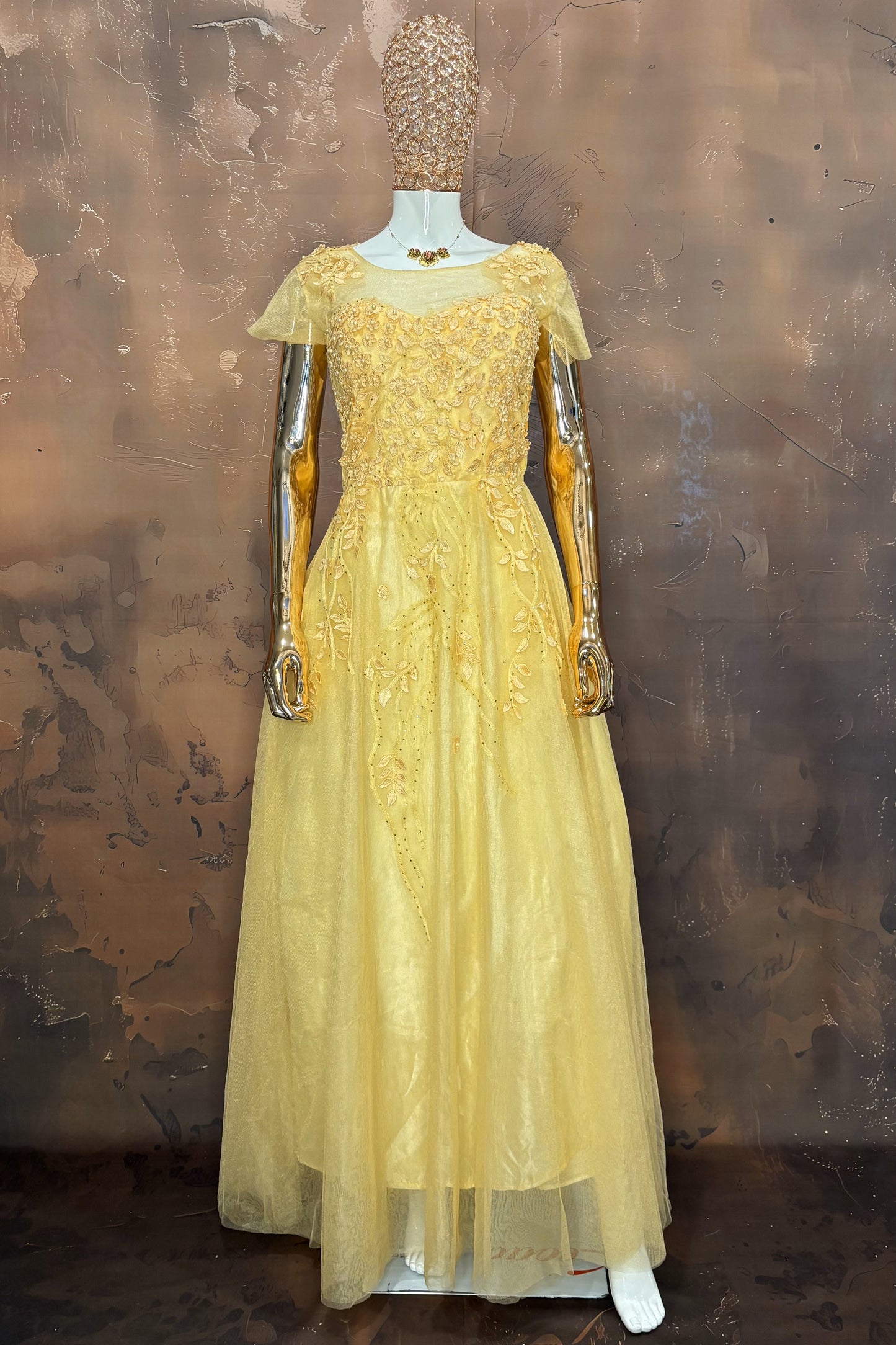 Sunshine Yellow Embroidered Net Gown