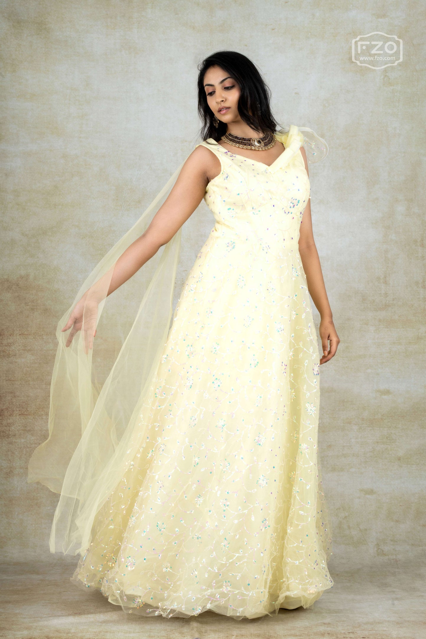Pastel Yellow Sequin Embroidered Gown with Dupatta