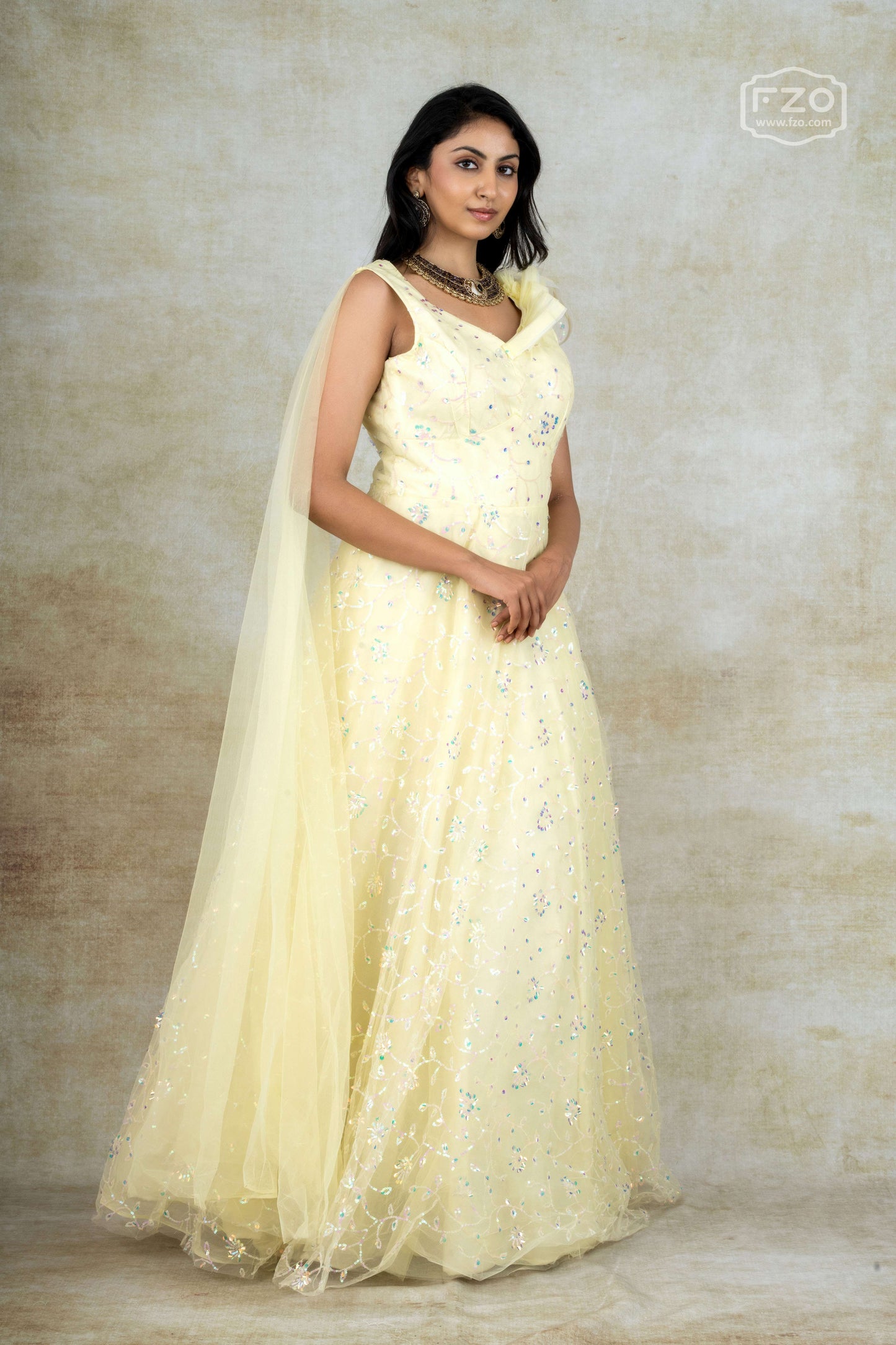 Pastel Yellow Sequin Embroidered Gown with Dupatta
