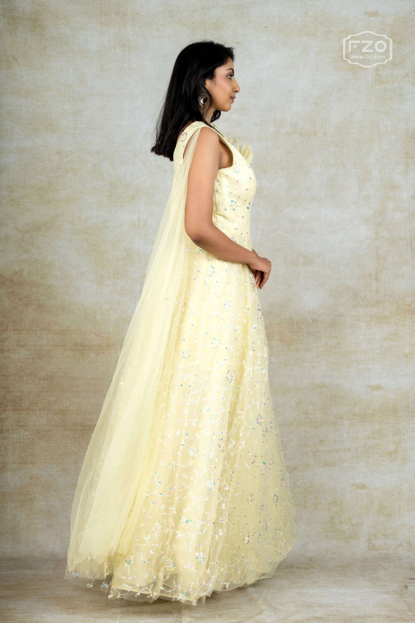 Pastel Yellow Sequin Embroidered Gown with Dupatta