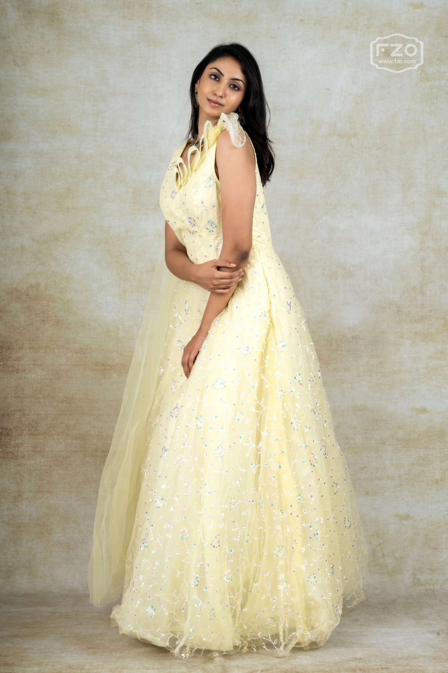 Pastel Yellow Sequin Embroidered Gown with Dupatta