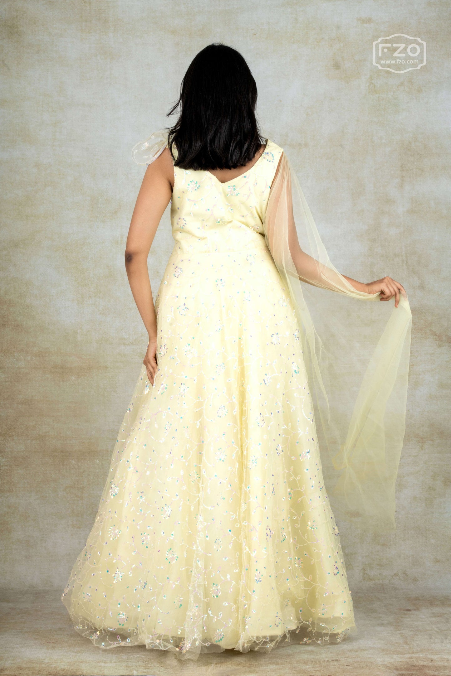 Pastel Yellow Sequin Embroidered Gown with Dupatta