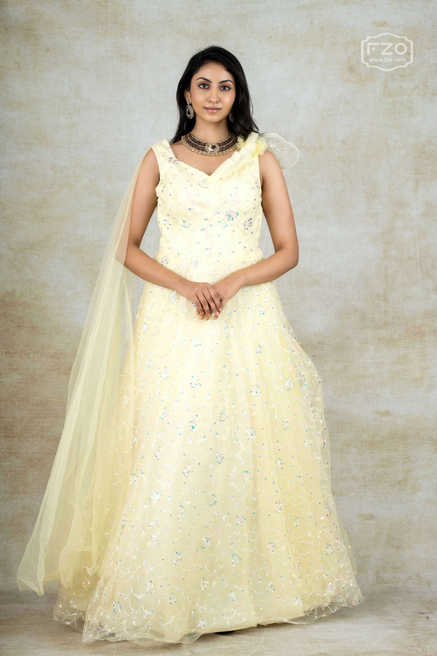 Pastel Yellow Sequin Embroidered Gown with Dupatta