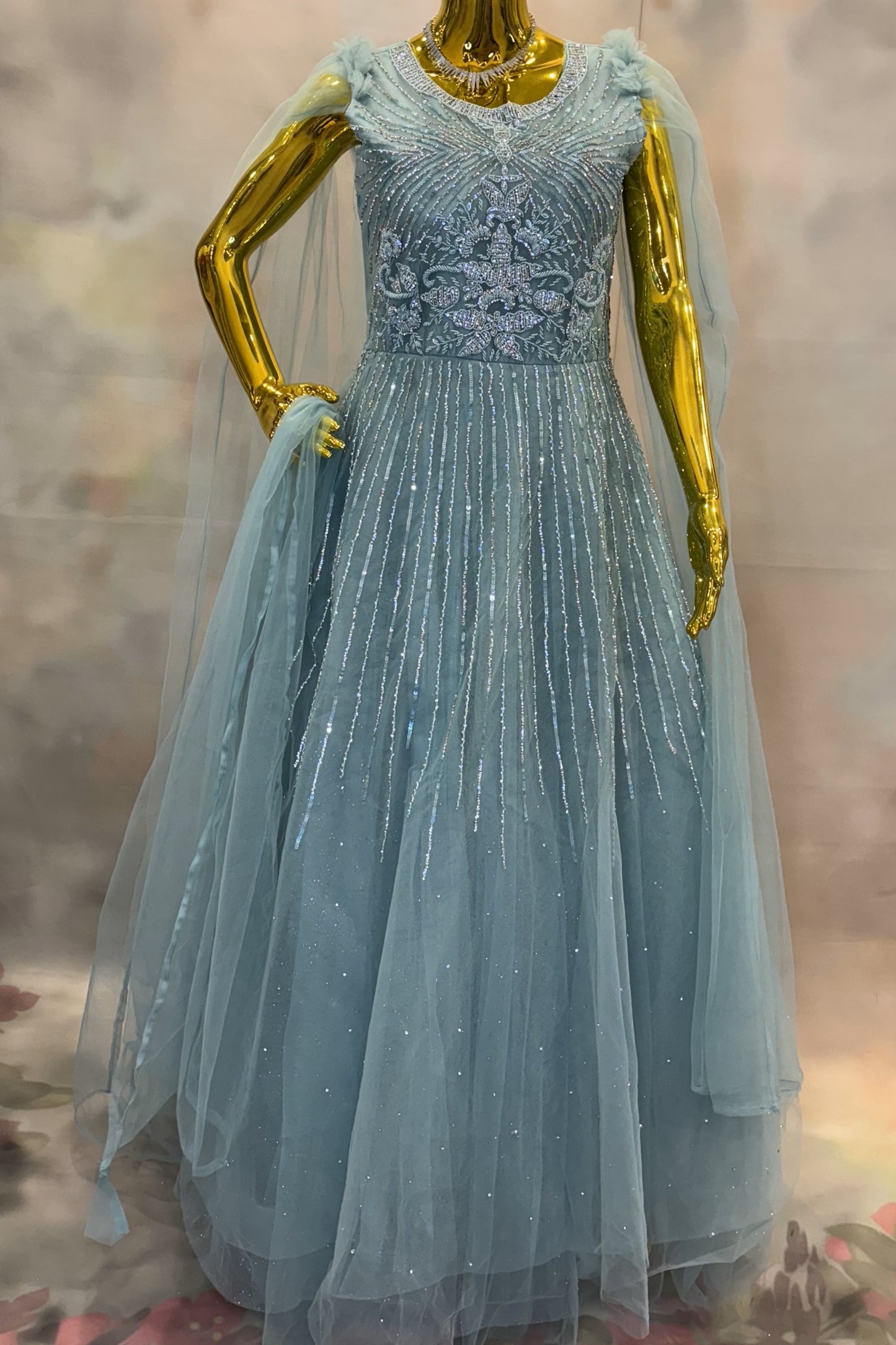 Lavender Embroidered Gown with Sheer Cape Sleeves