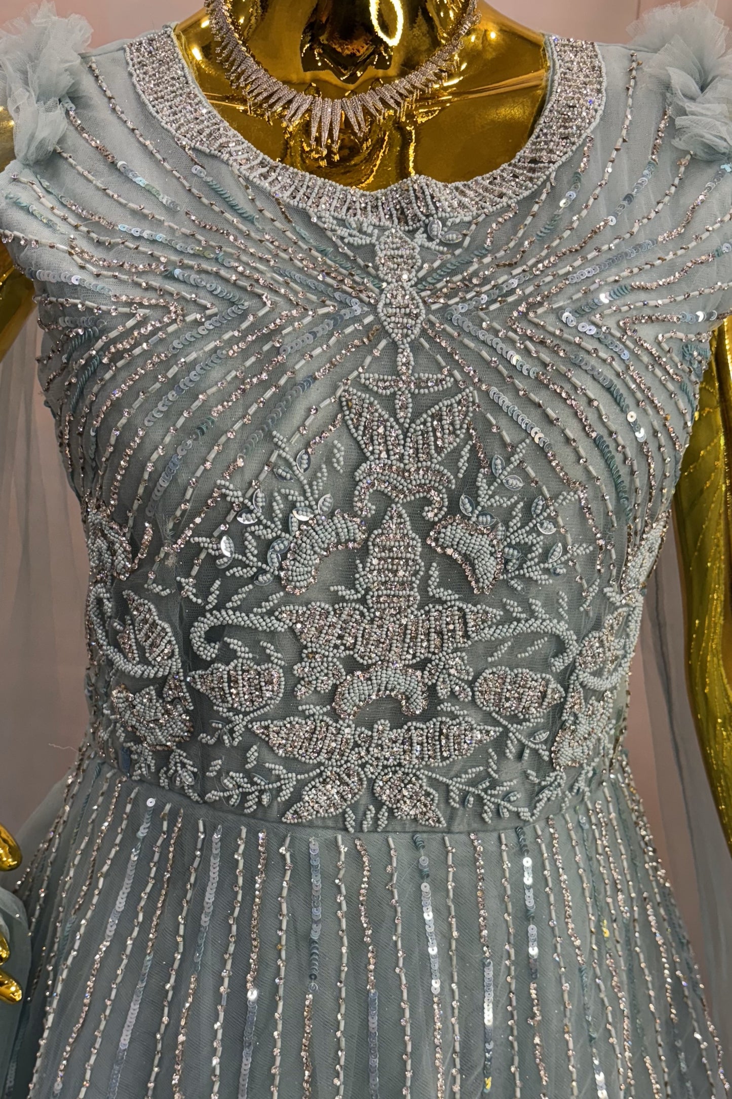 Lavender Embroidered Gown with Sheer Cape Sleeves