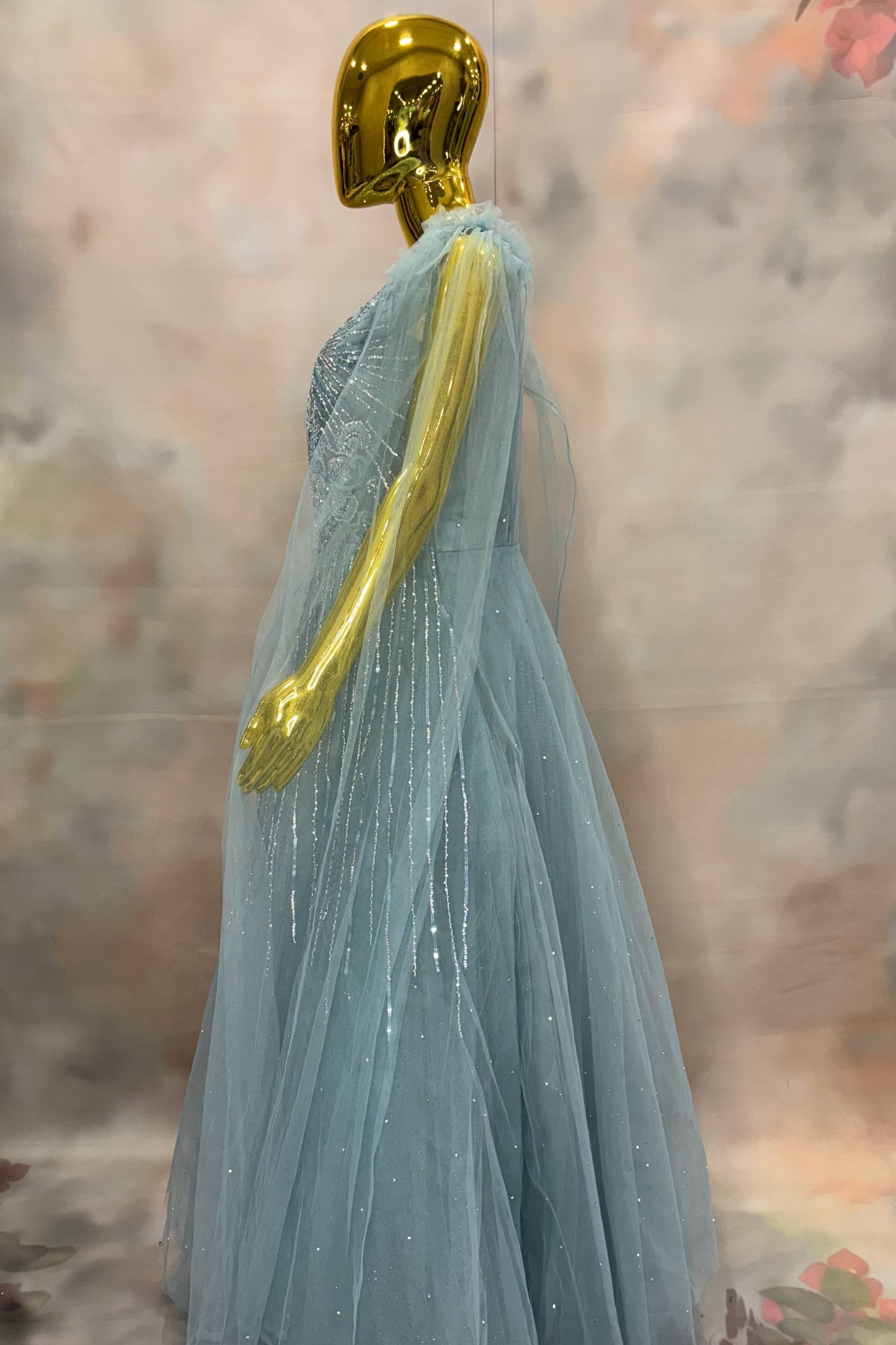 Lavender Embroidered Gown with Sheer Cape Sleeves