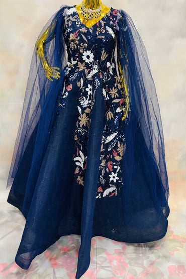 Navy Blue Floral Embroidered Gown with Dramatic Cape Sleeves