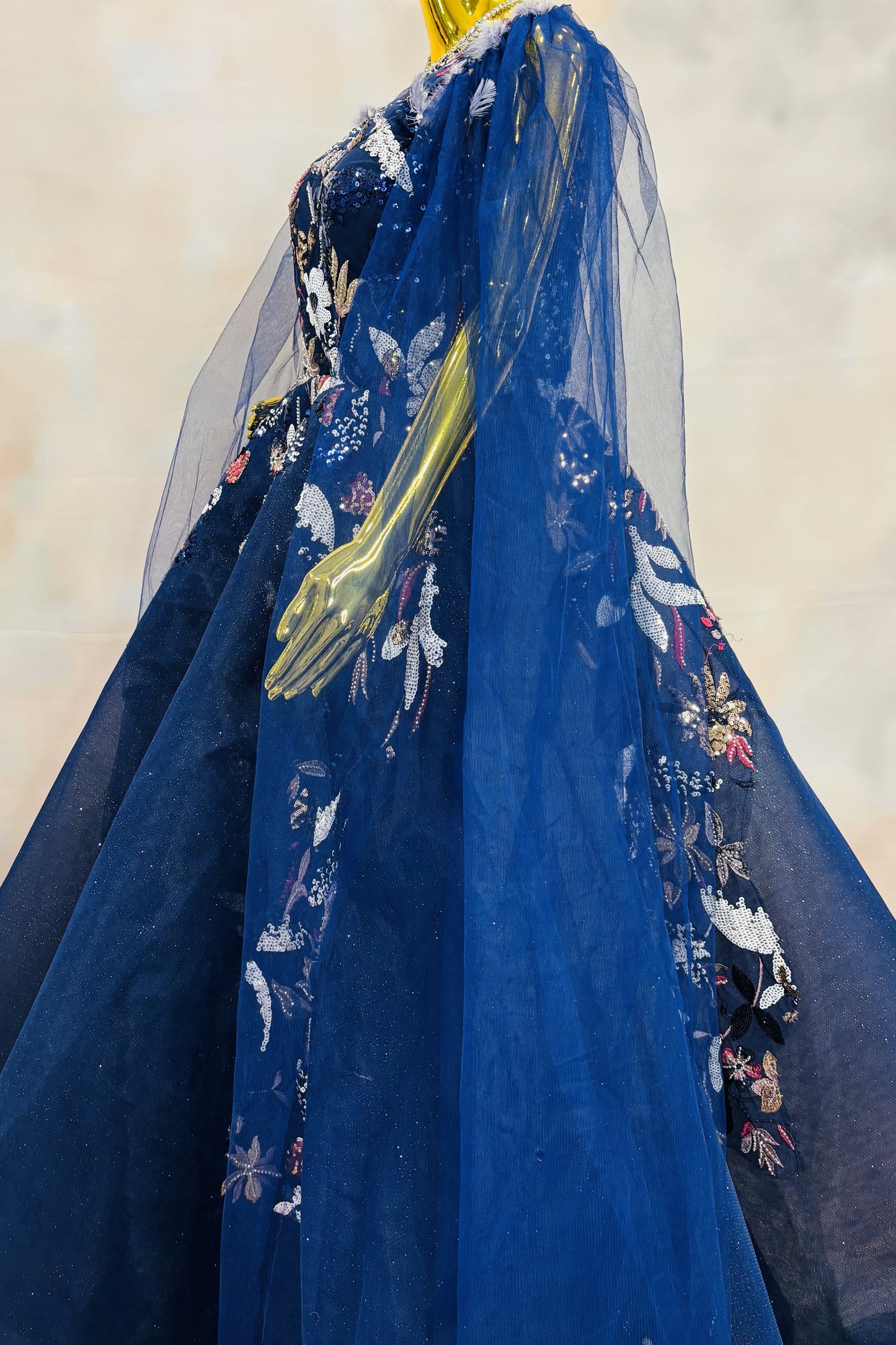 Navy Blue Floral Embroidered Gown with Dramatic Cape Sleeves