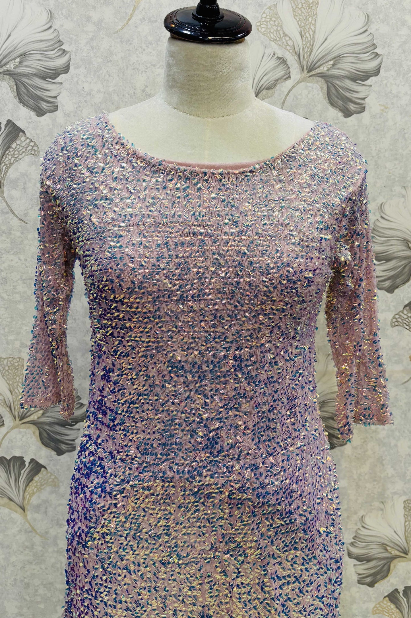 Iridescent Bloom – Lilac Sequin Sheath Dress