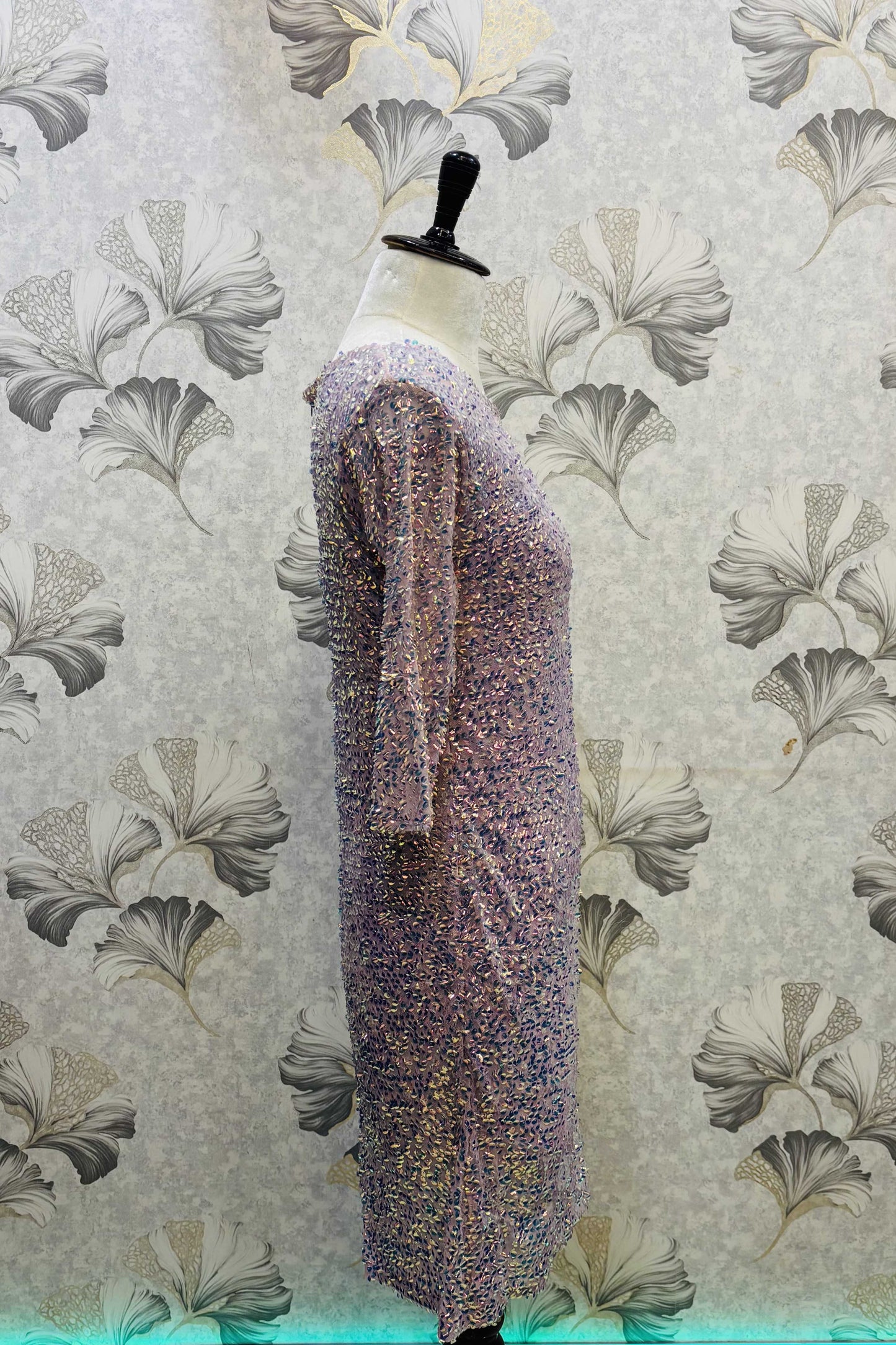 Iridescent Bloom – Lilac Sequin Sheath Dress