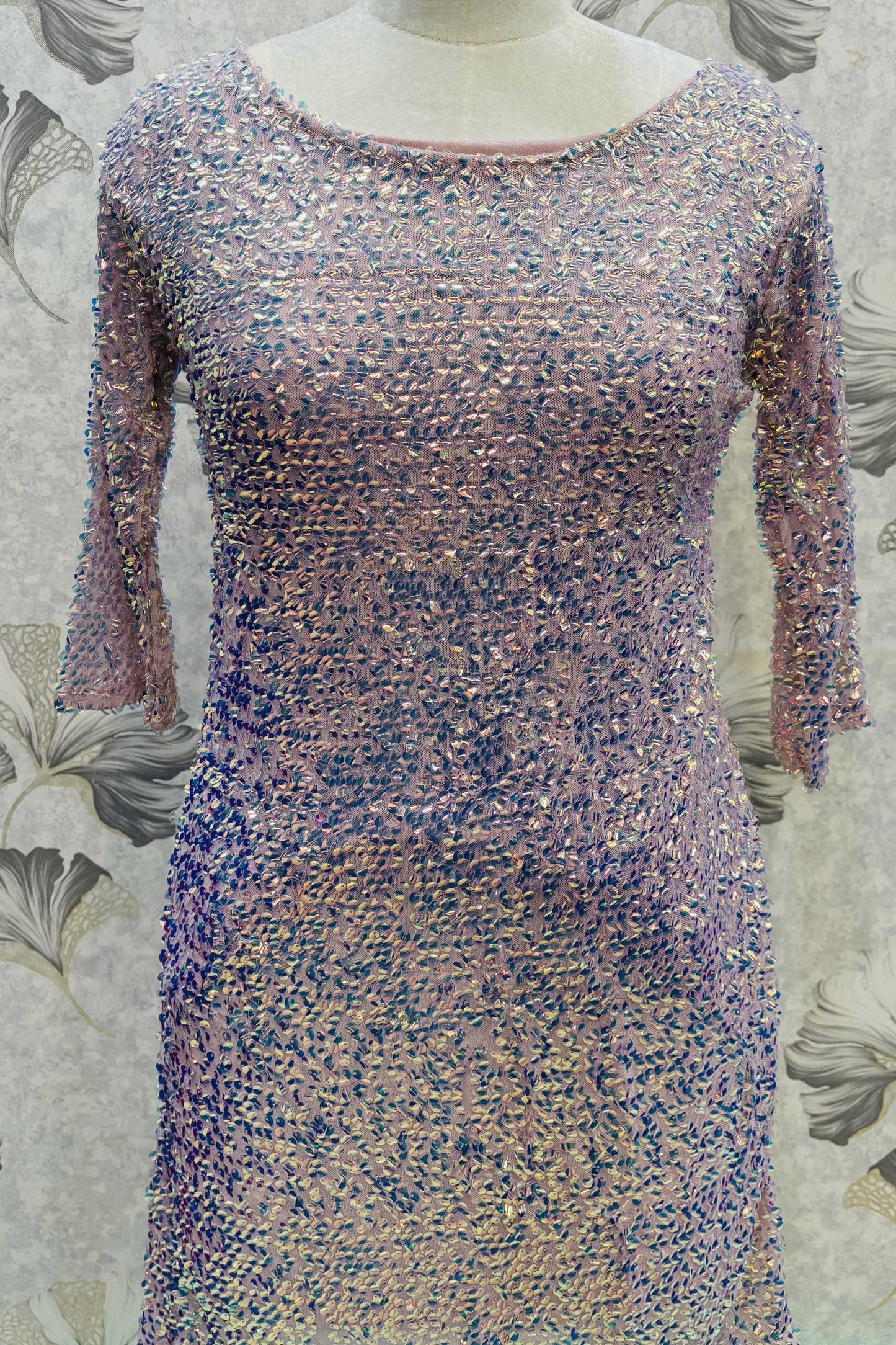Iridescent Bloom – Lilac Sequin Sheath Dress