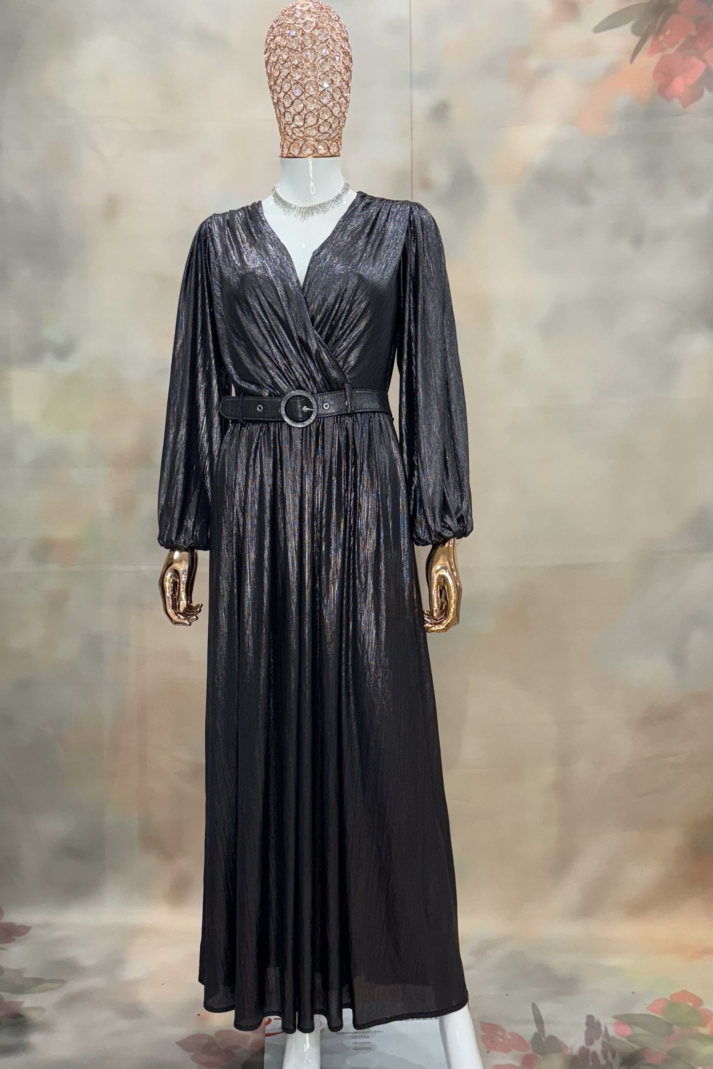 Midnight Glimmer – Black Metallic Pleated Gown with Belt