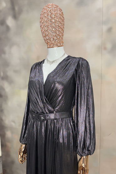 Midnight Glimmer – Black Metallic Pleated Gown with Belt