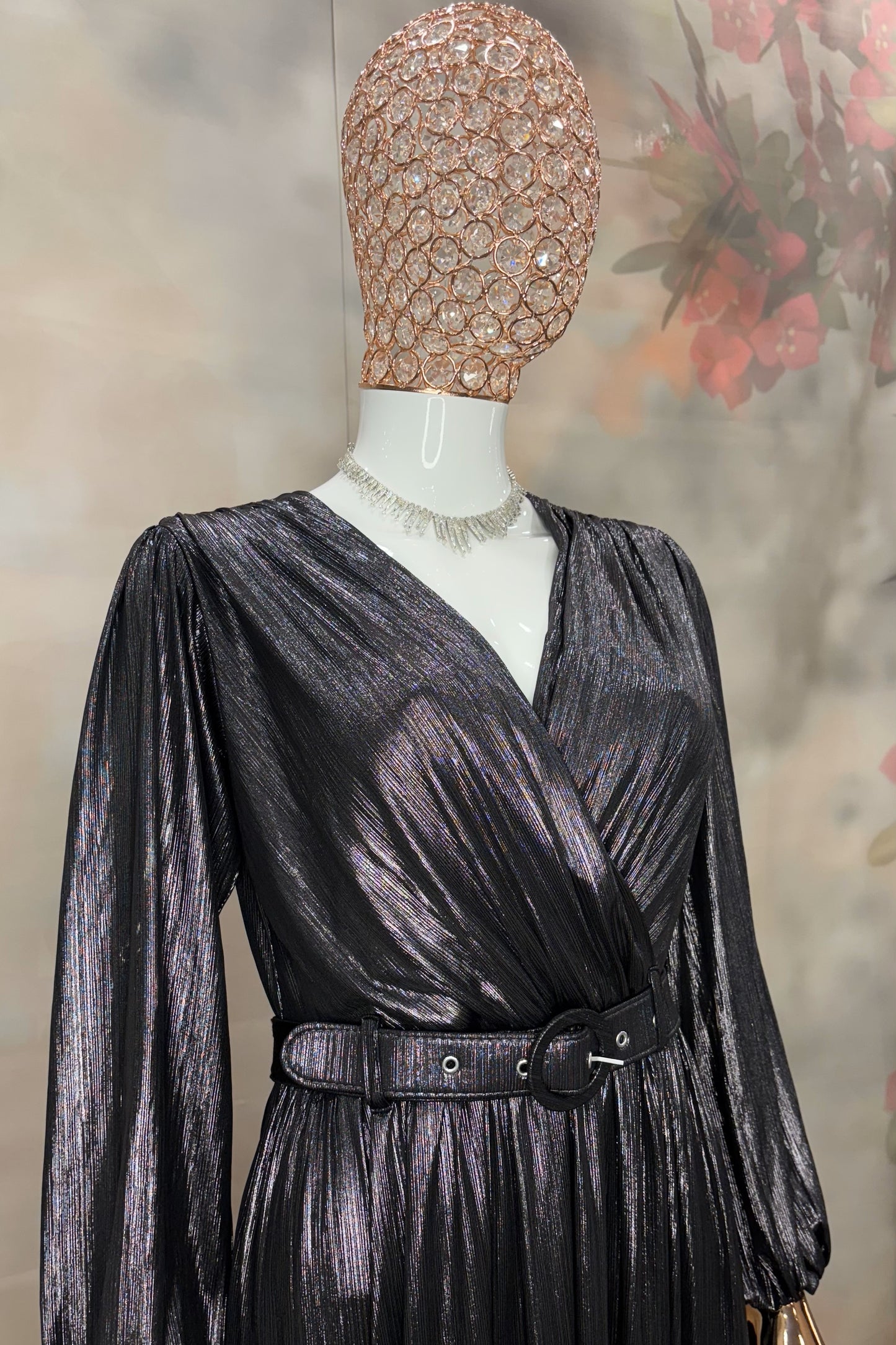 Midnight Glimmer – Black Metallic Pleated Gown with Belt